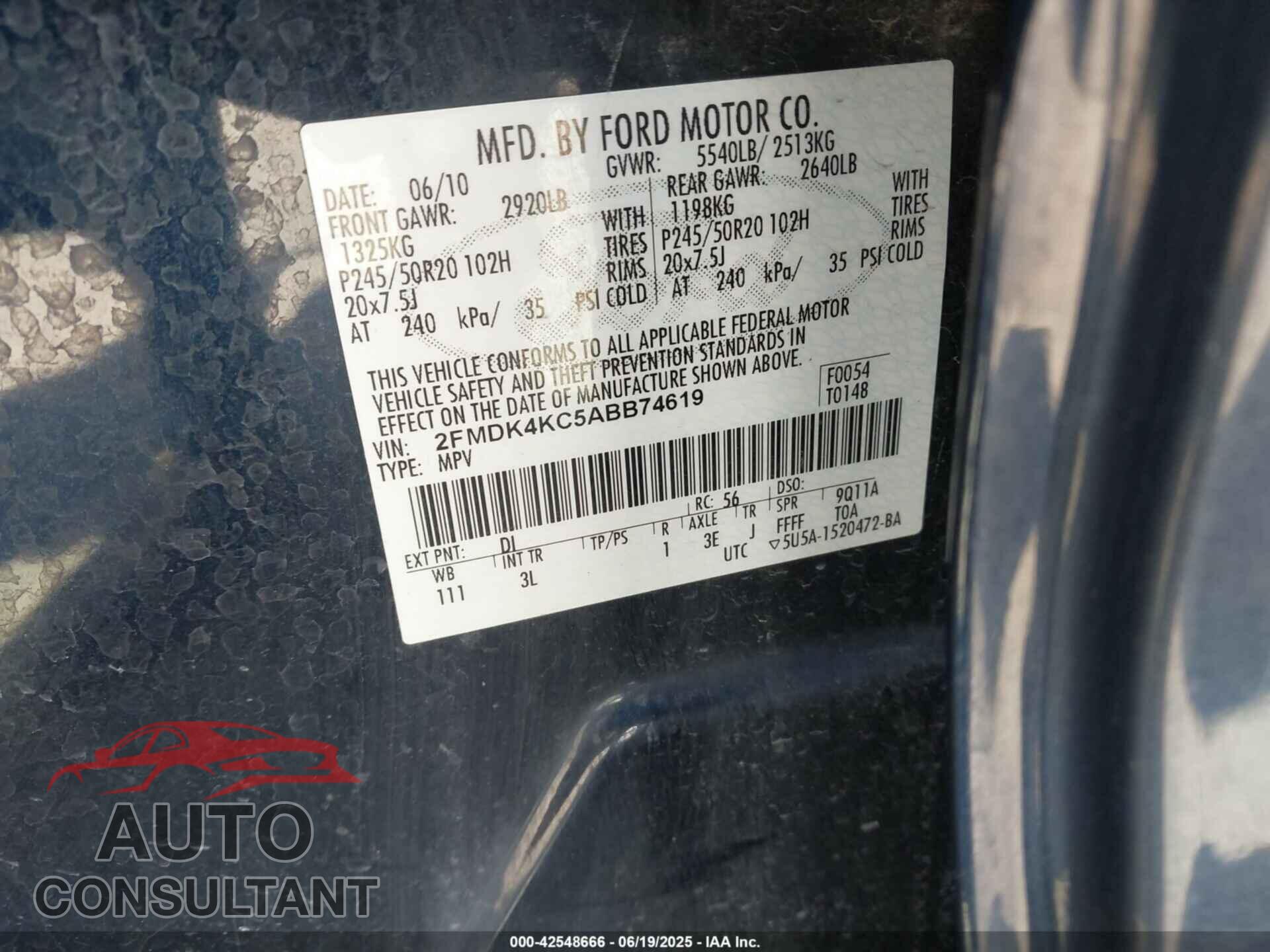 FORD EDGE 2010 - 2FMDK4KC5ABB74619
