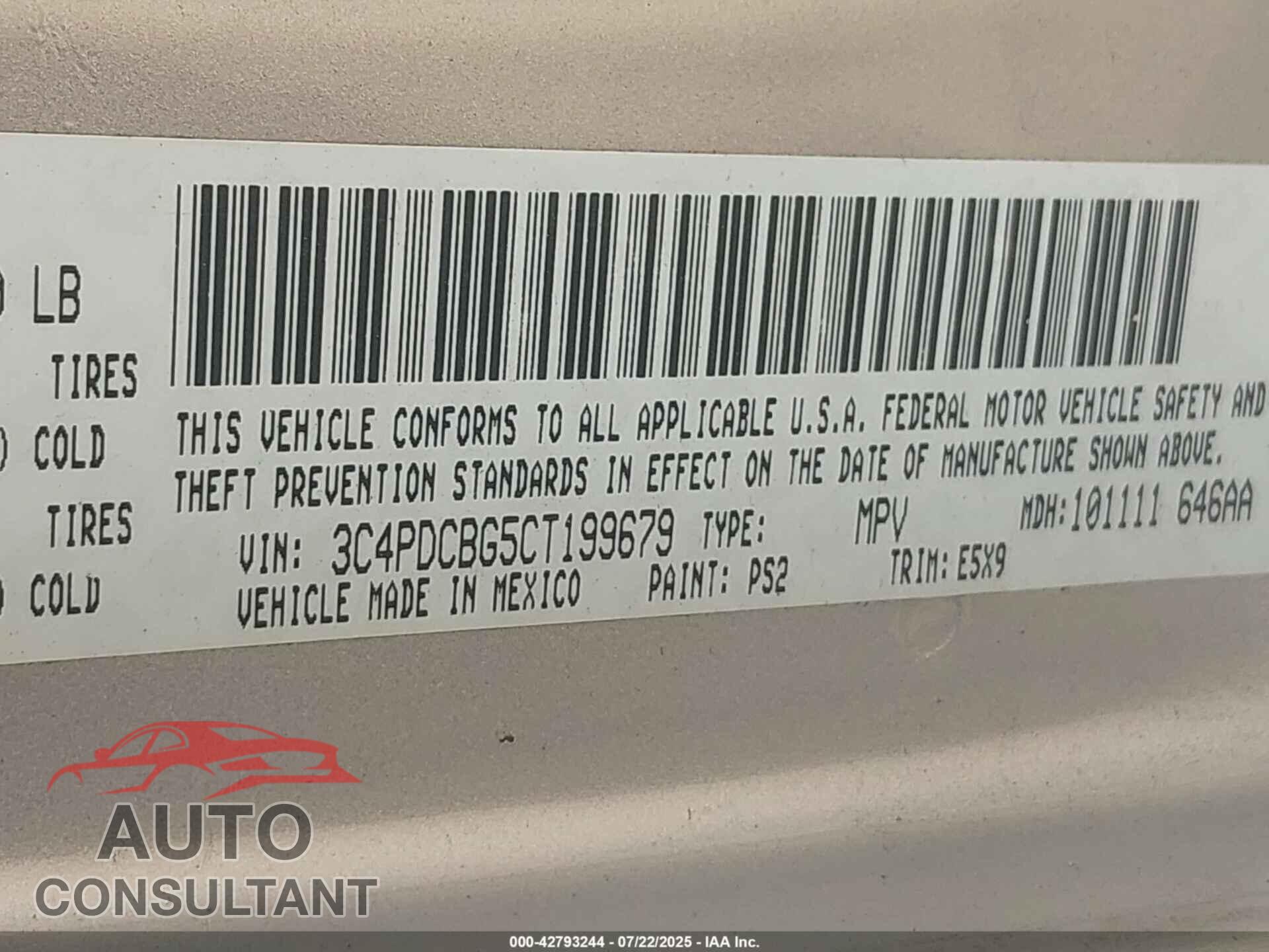 DODGE JOURNEY 2012 - 3C4PDCBG5CT199679