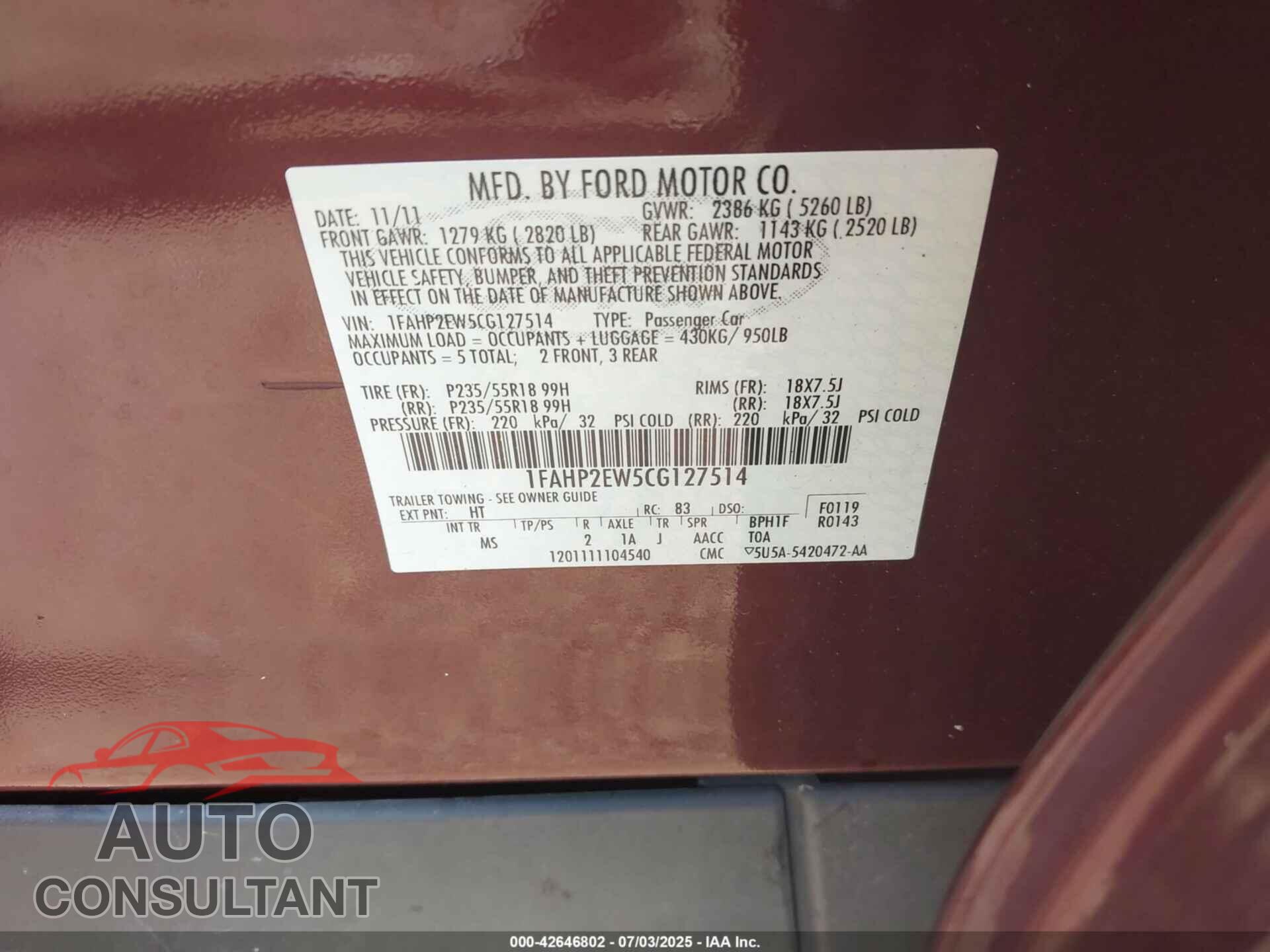 FORD TAURUS 2012 - 1FAHP2EW5CG127514
