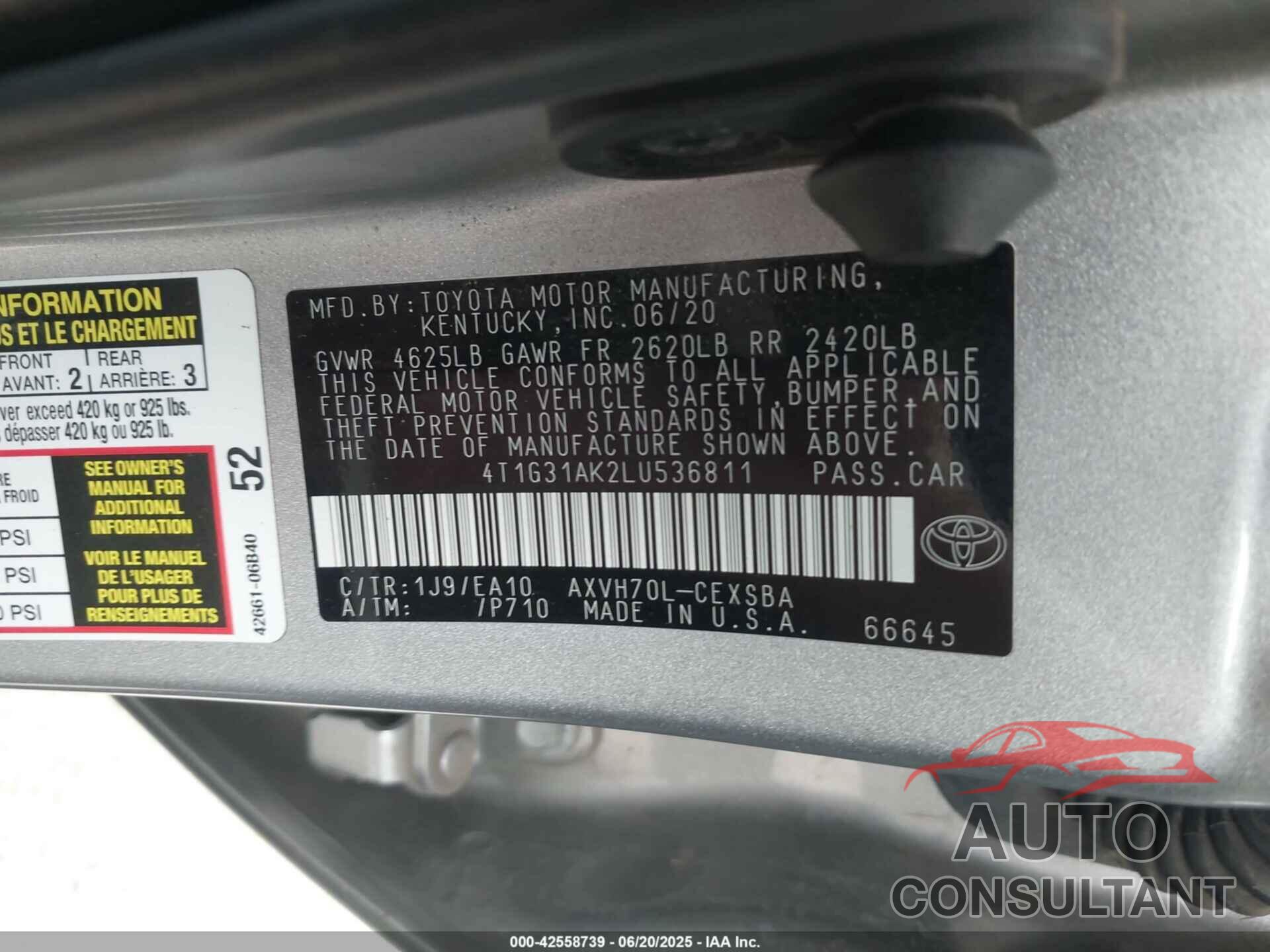TOYOTA CAMRY 2020 - 4T1G31AK2LU536811