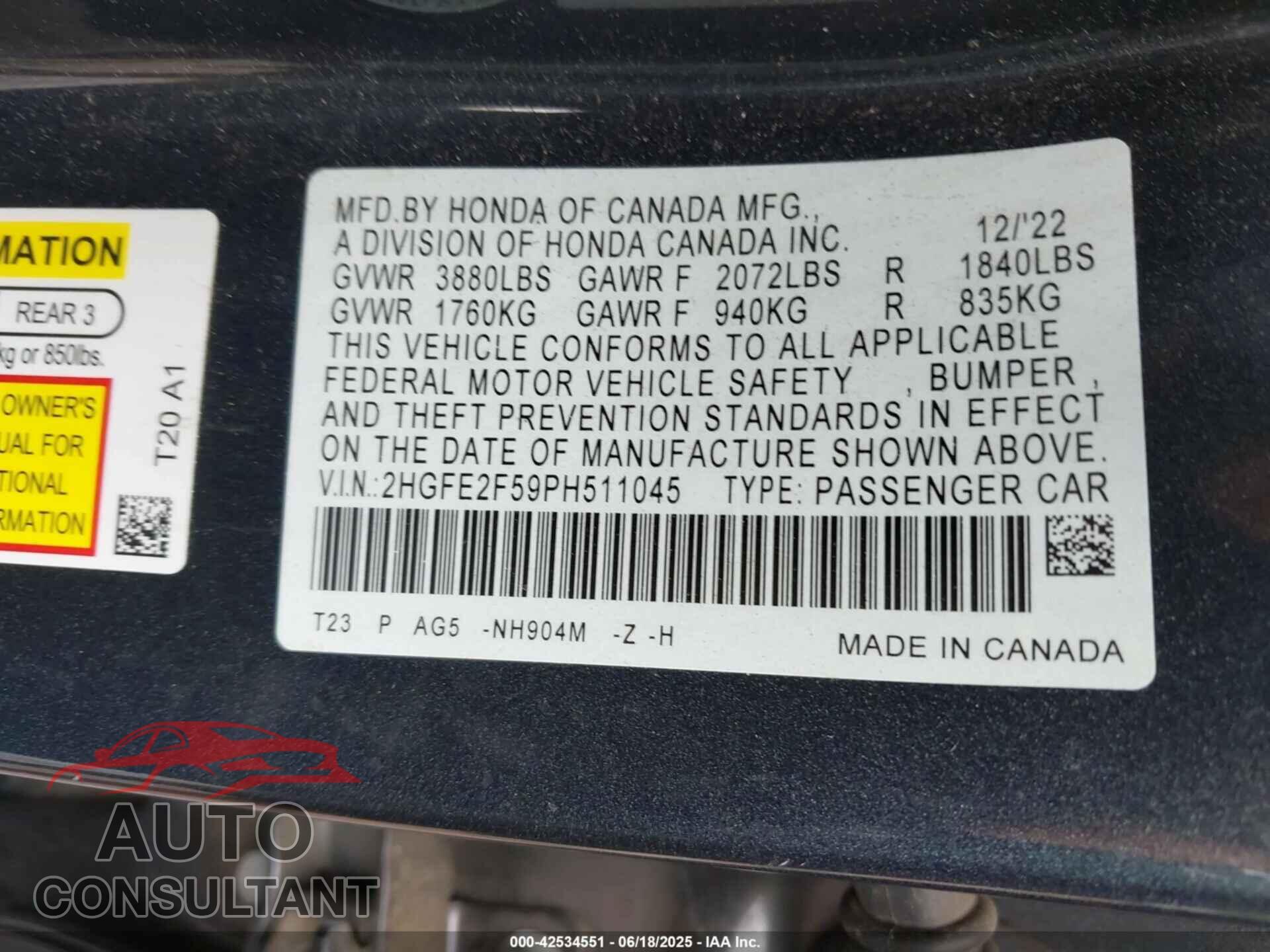 HONDA CIVIC 2023 - 2HGFE2F59PH511045