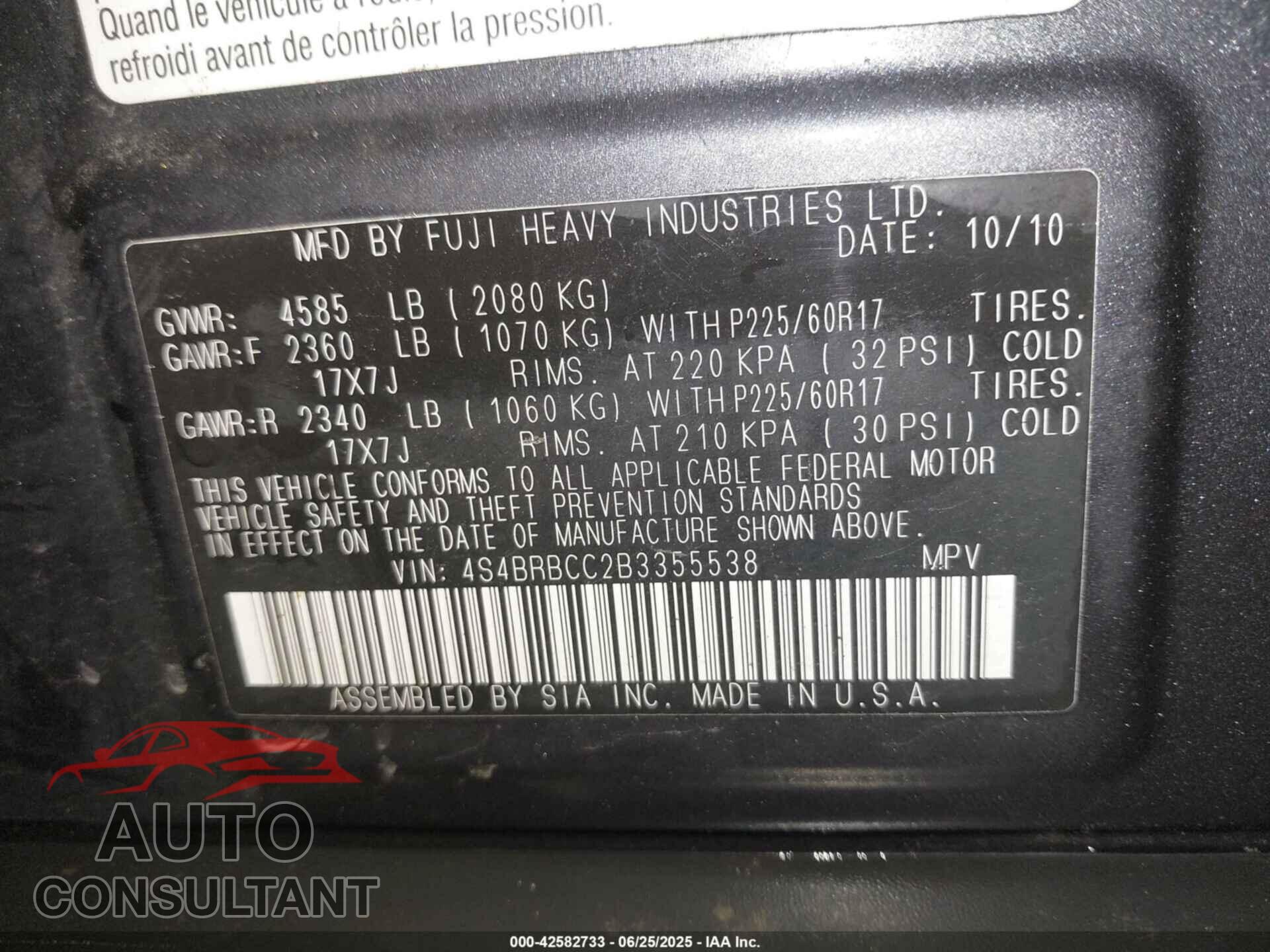 SUBARU OUTBACK 2011 - 4S4BRBCC2B3355538