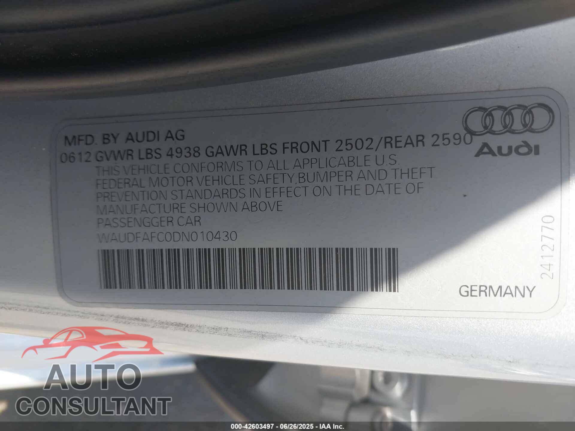 AUDI A6 2013 - WAUDFAFC0DN010430