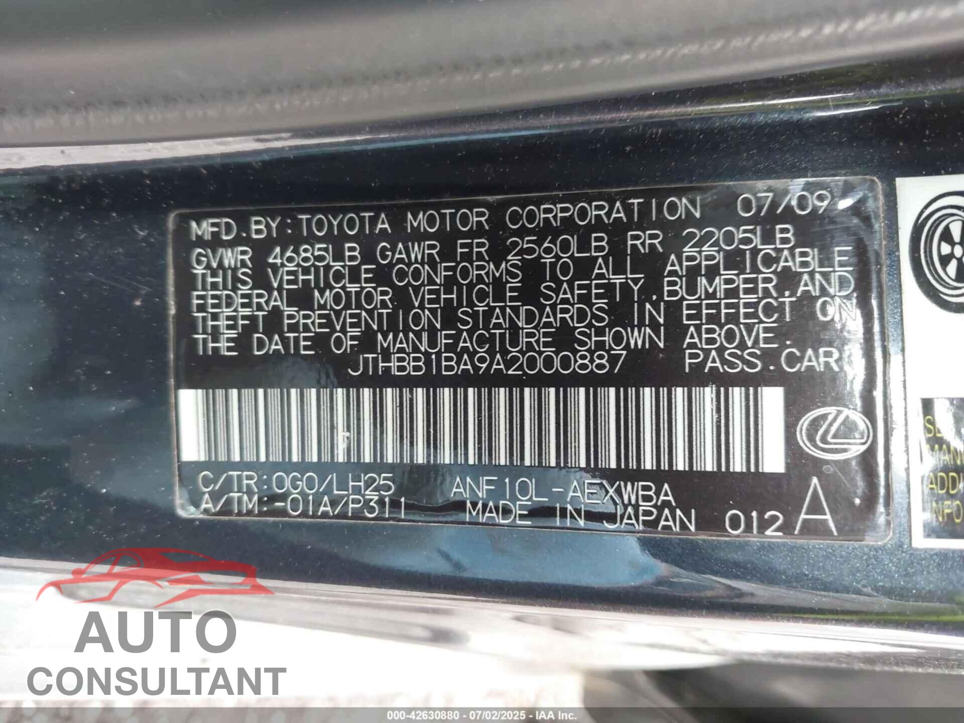 LEXUS HS 250H 2010 - JTHBB1BA9A2000887