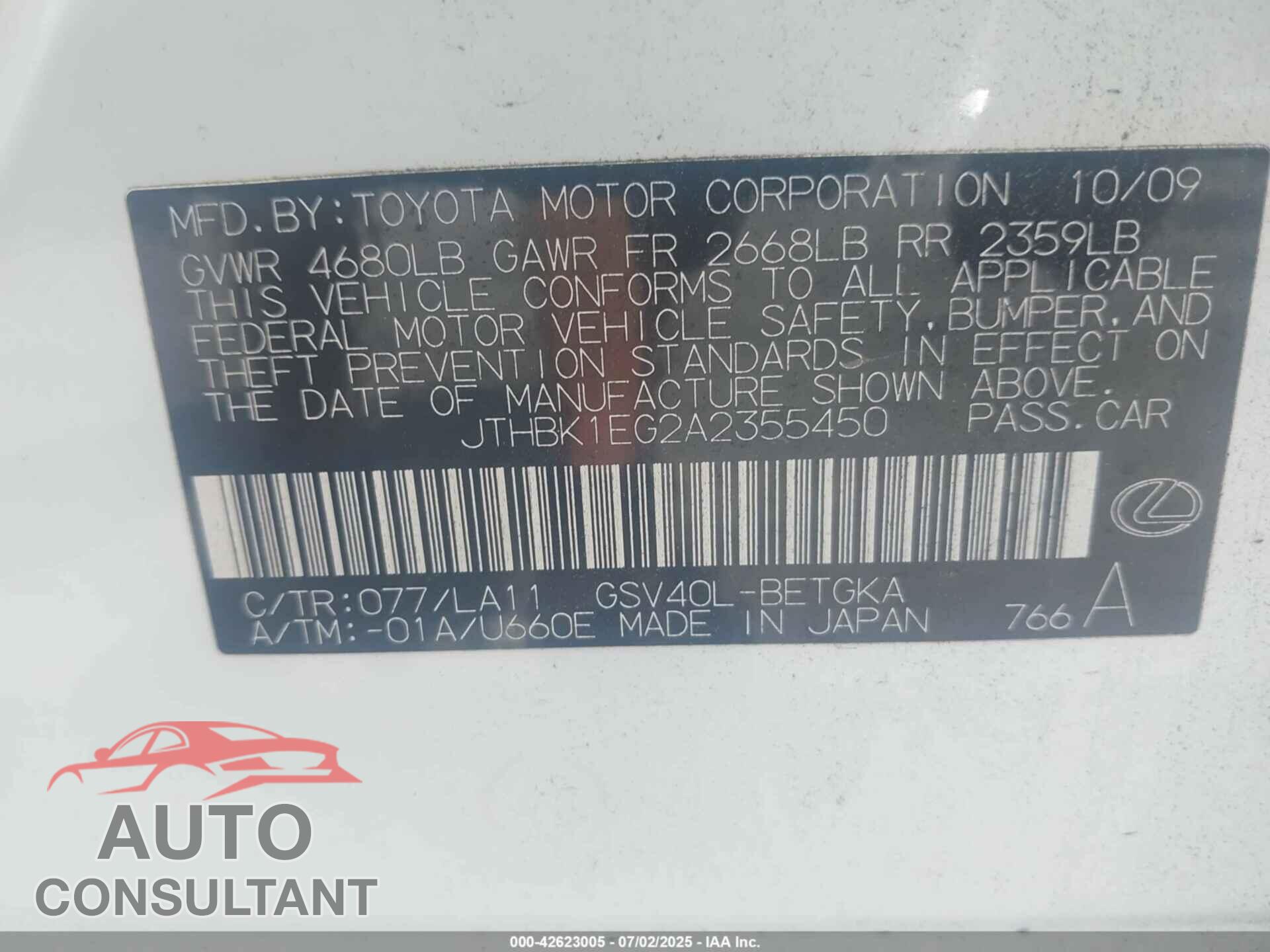 LEXUS ES 350 2010 - JTHBK1EG2A2355450