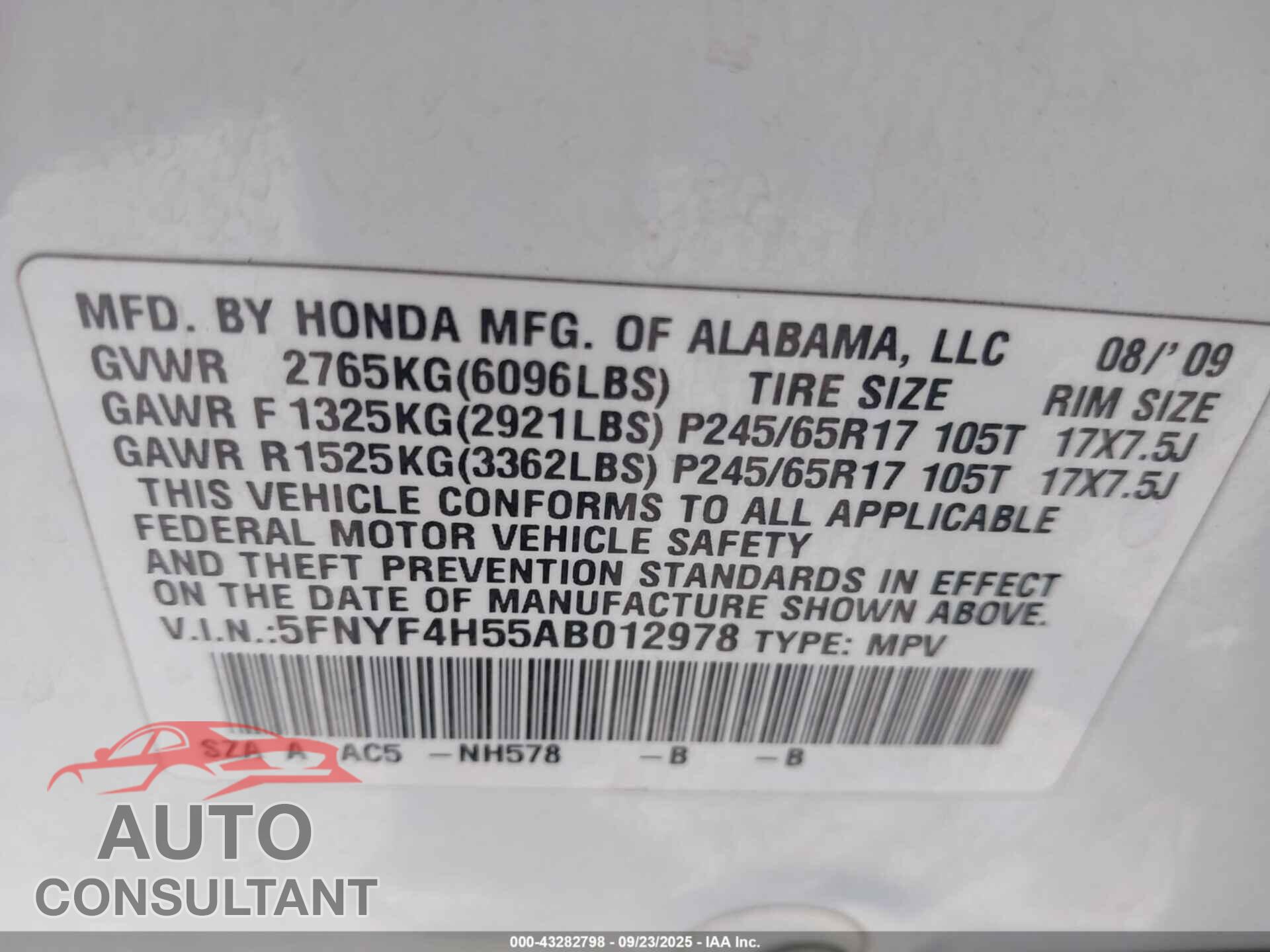 HONDA PILOT 2010 - 5FNYF4H55AB012978