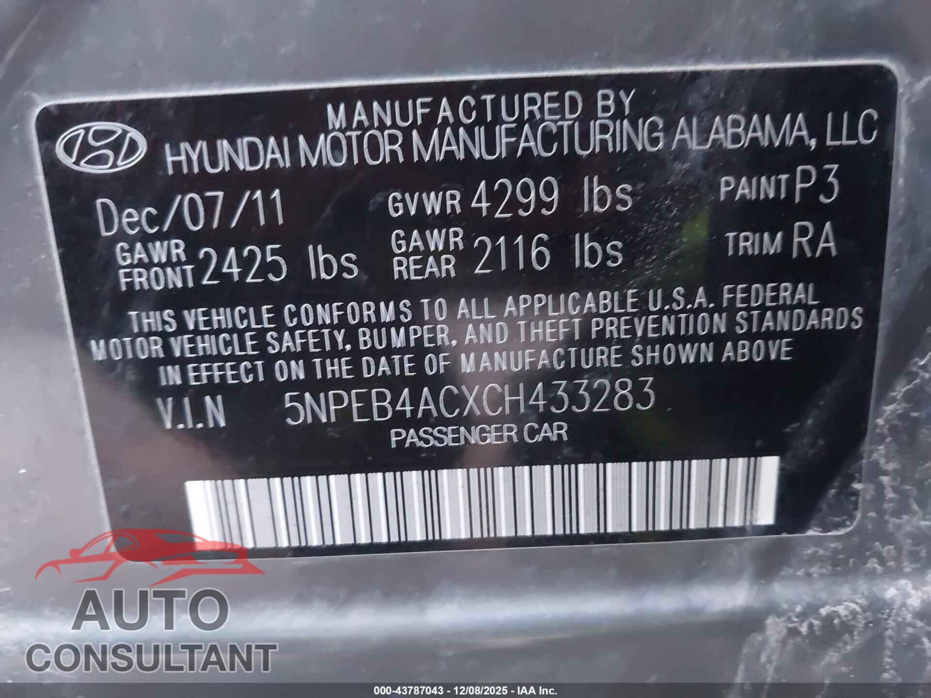 HYUNDAI SONATA 2012 - 5NPEB4ACXCH433283
