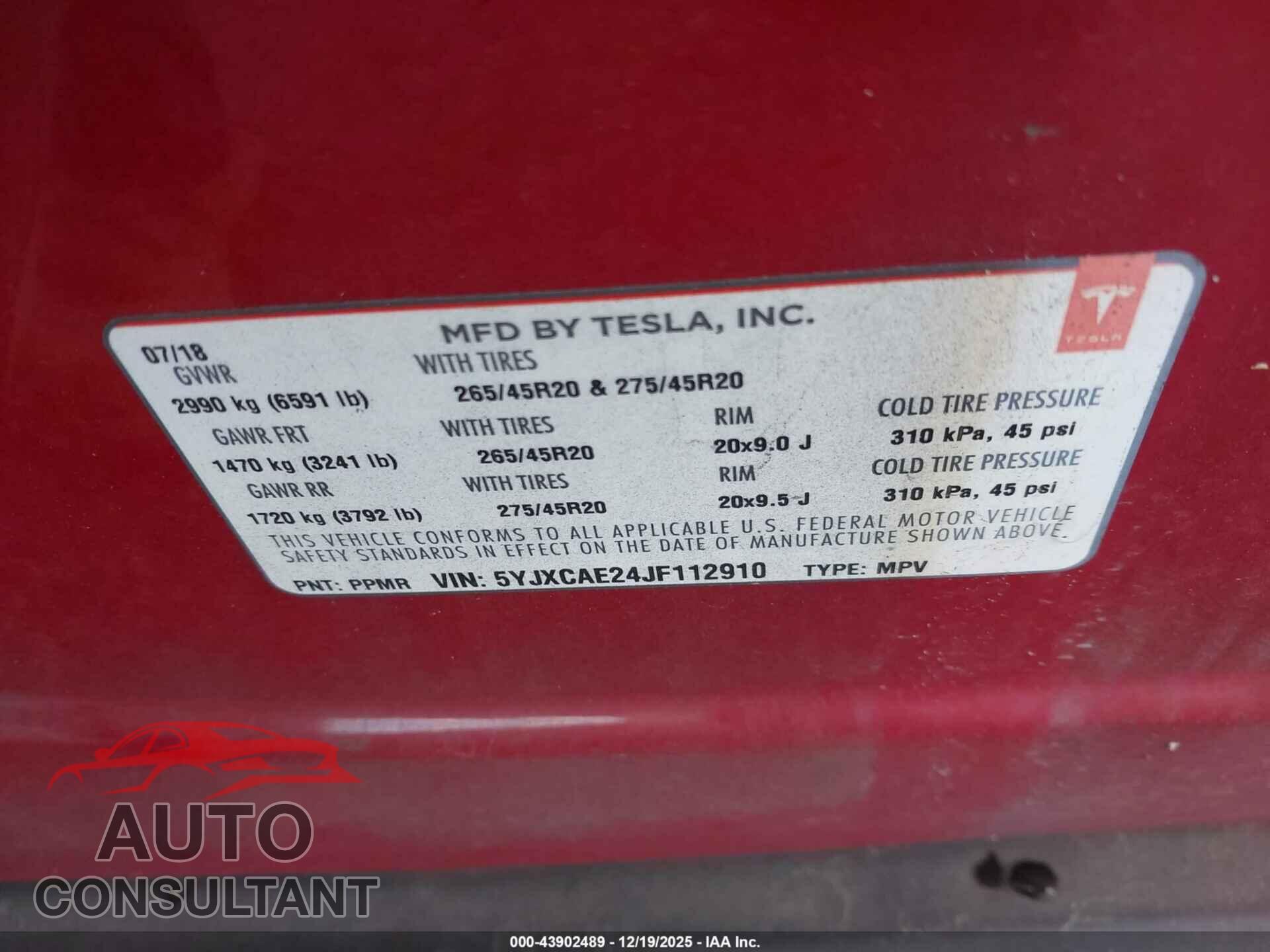 TESLA MODEL X 2018 - 5YJXCAE24JF112910