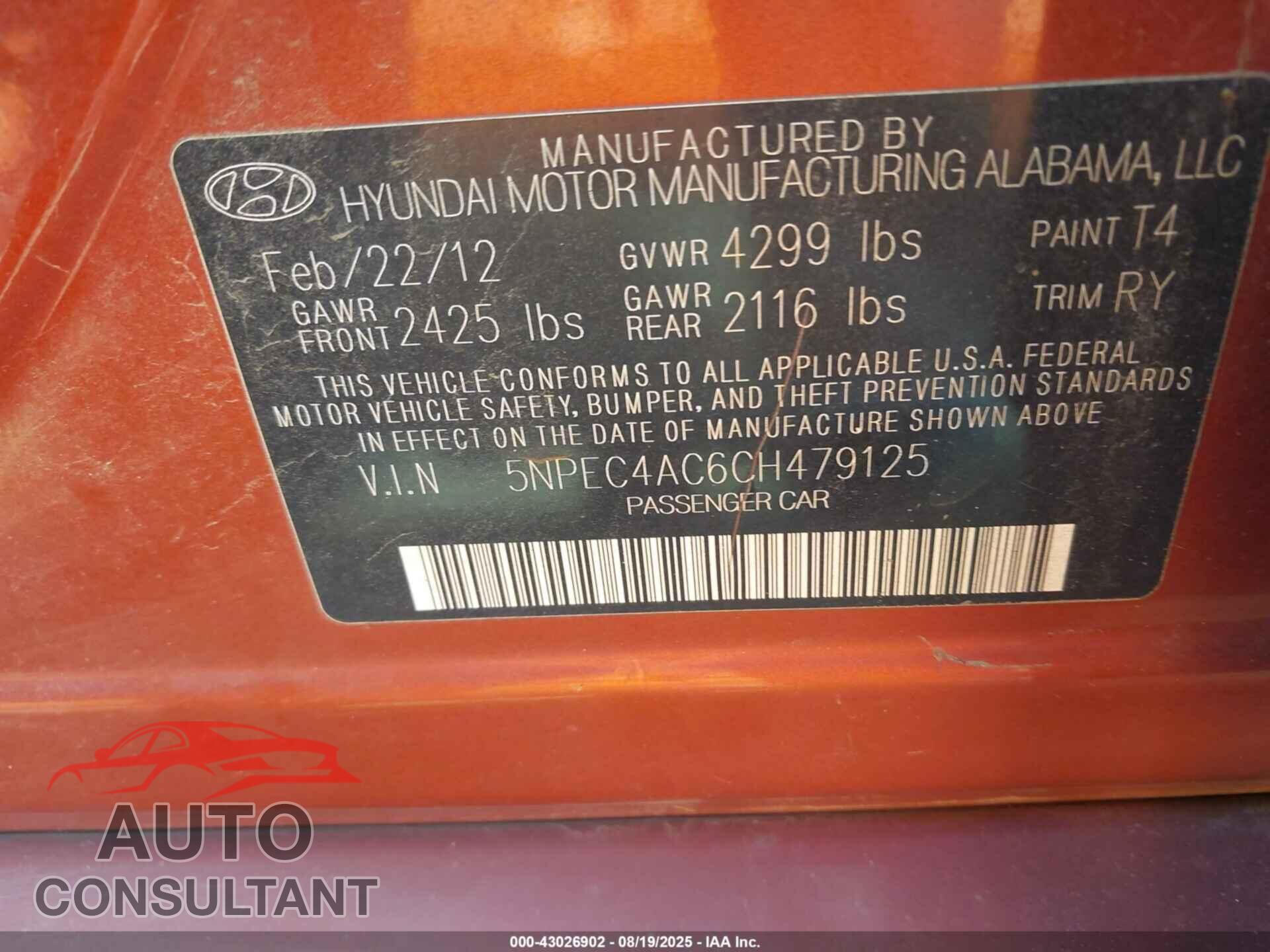 HYUNDAI SONATA 2012 - 5NPEC4AC6CH479125