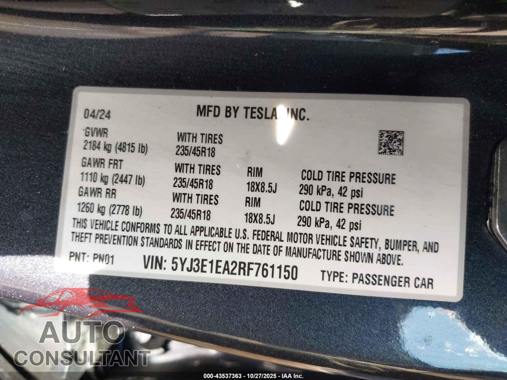 TESLA MODEL 3 2024 - 5YJ3E1EA2RF761150