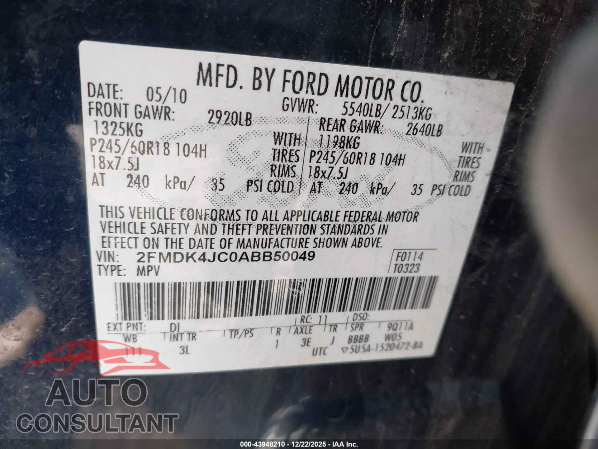 FORD EDGE 2010 - 2FMDK4JC0ABB50049