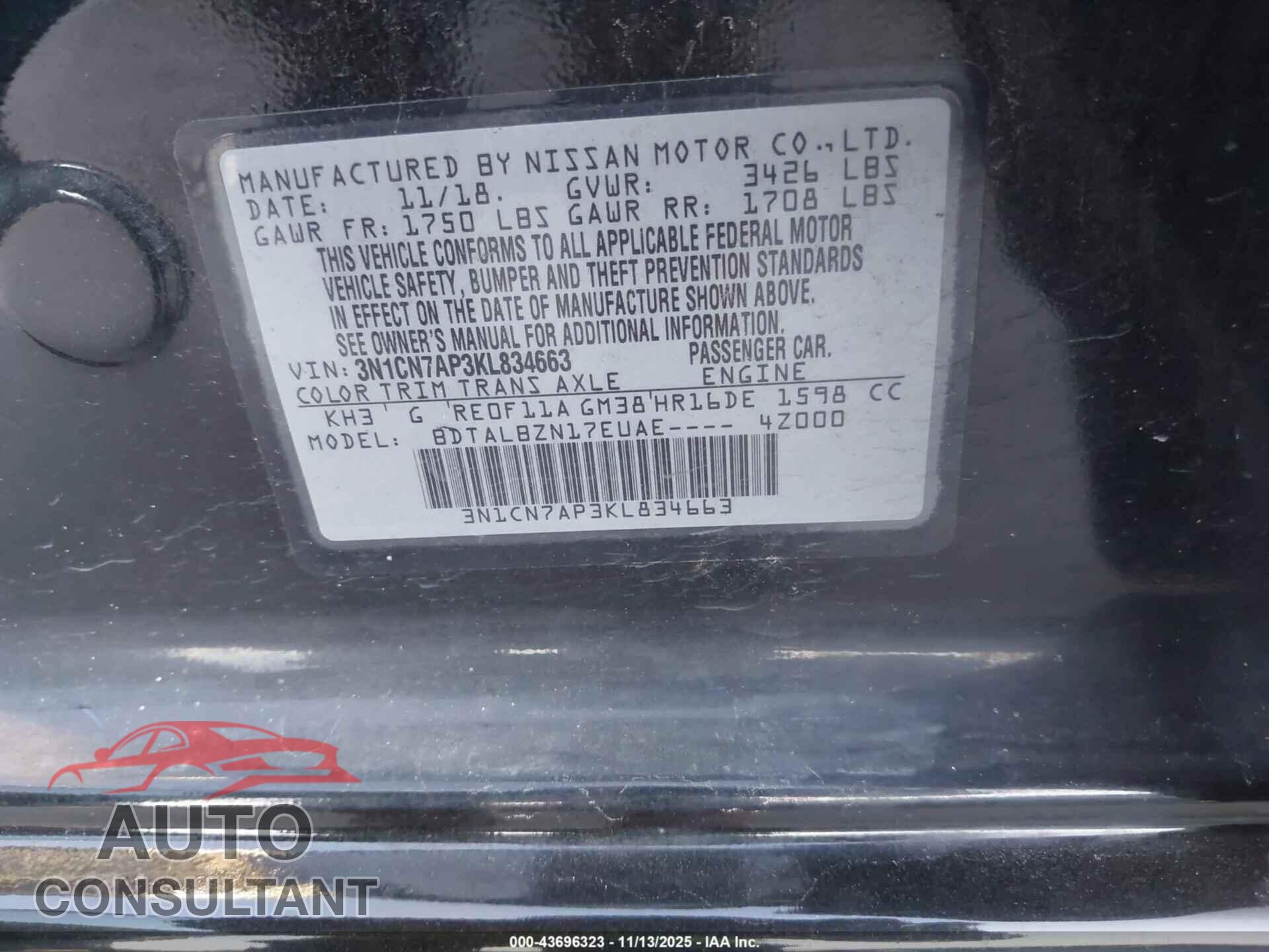 NISSAN VERSA 2019 - 3N1CN7AP3KL834663