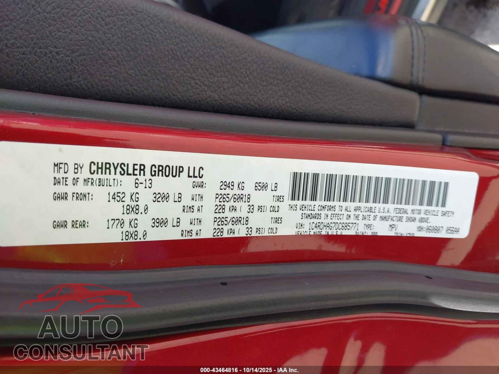 DODGE DURANGO 2013 - 1C4RDHAG7DC685771