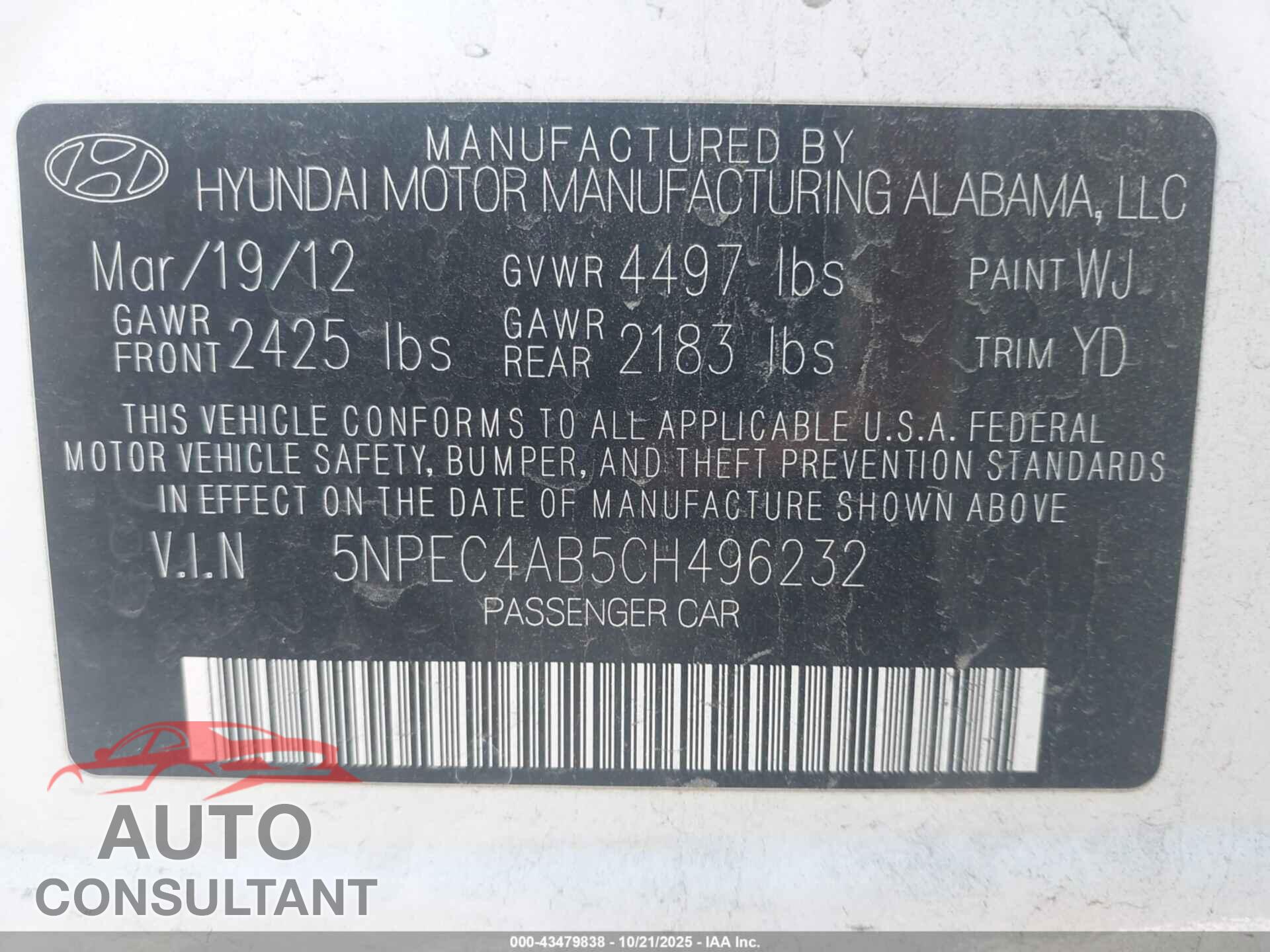 HYUNDAI SONATA 2012 - 5NPEC4AB5CH496232
