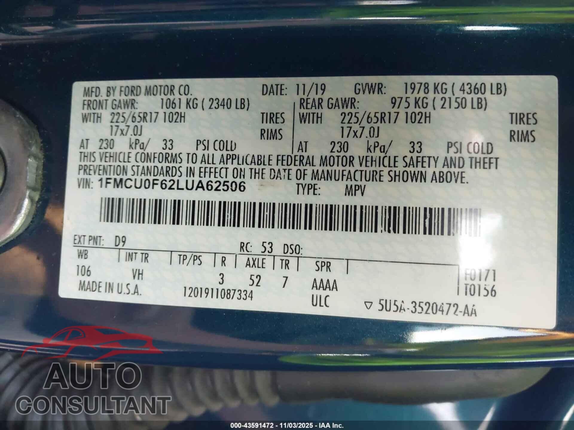 FORD ESCAPE 2020 - 1FMCU0F62LUA62506