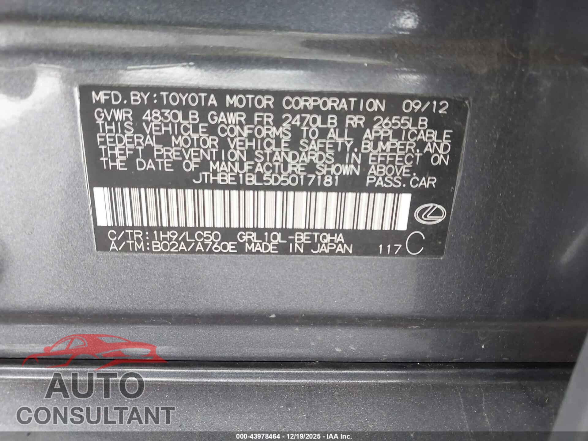 LEXUS GS 350 2013 - JTHBE1BL5D5017181