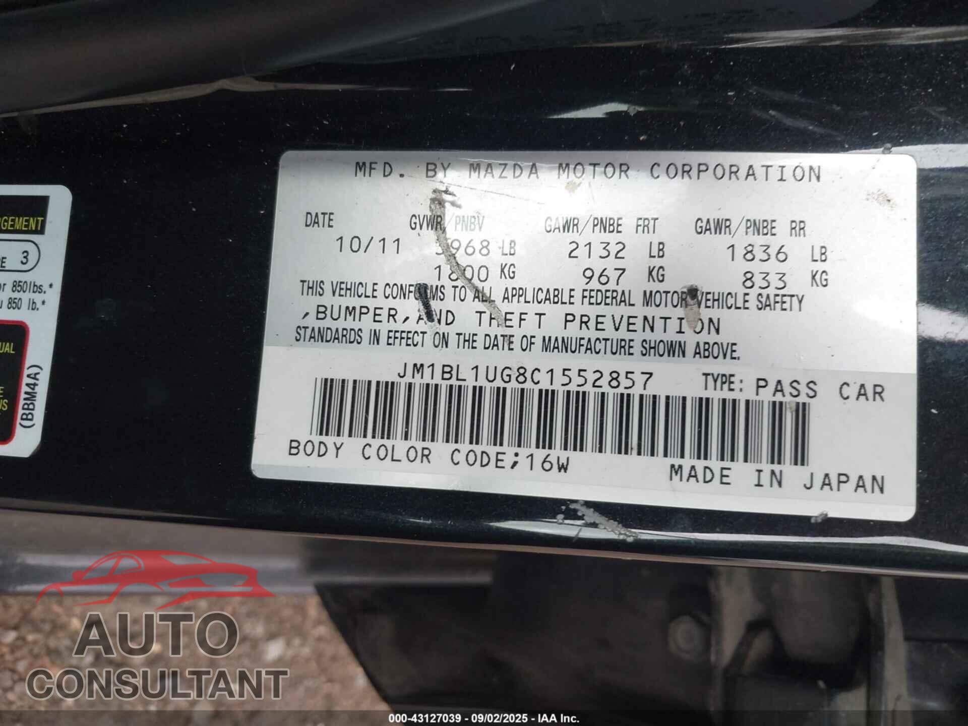 MAZDA MAZDA3 2012 - JM1BL1UG8C1552857