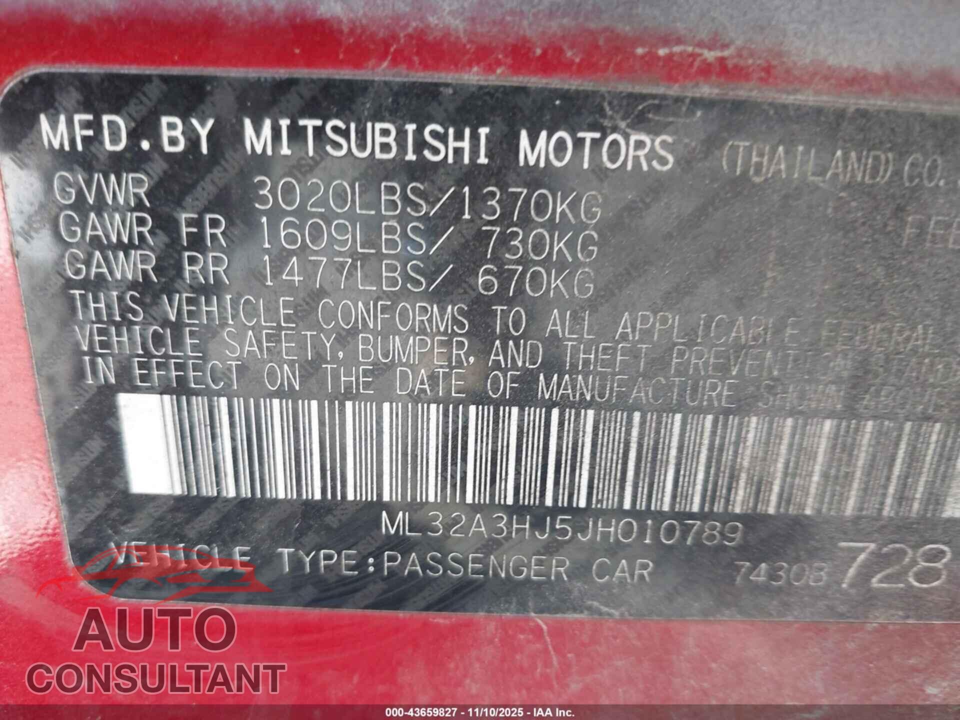 MITSUBISHI MIRAGE 2018 - ML32A3HJ5JH010789