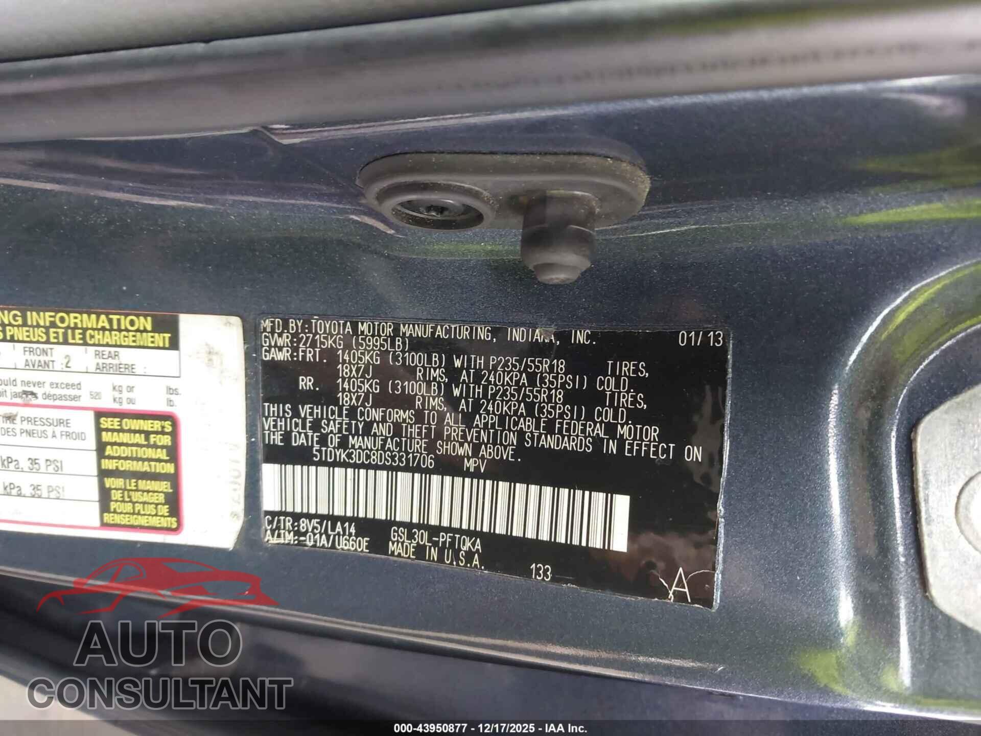 TOYOTA SIENNA 2013 - 5TDYK3DC8DS331706