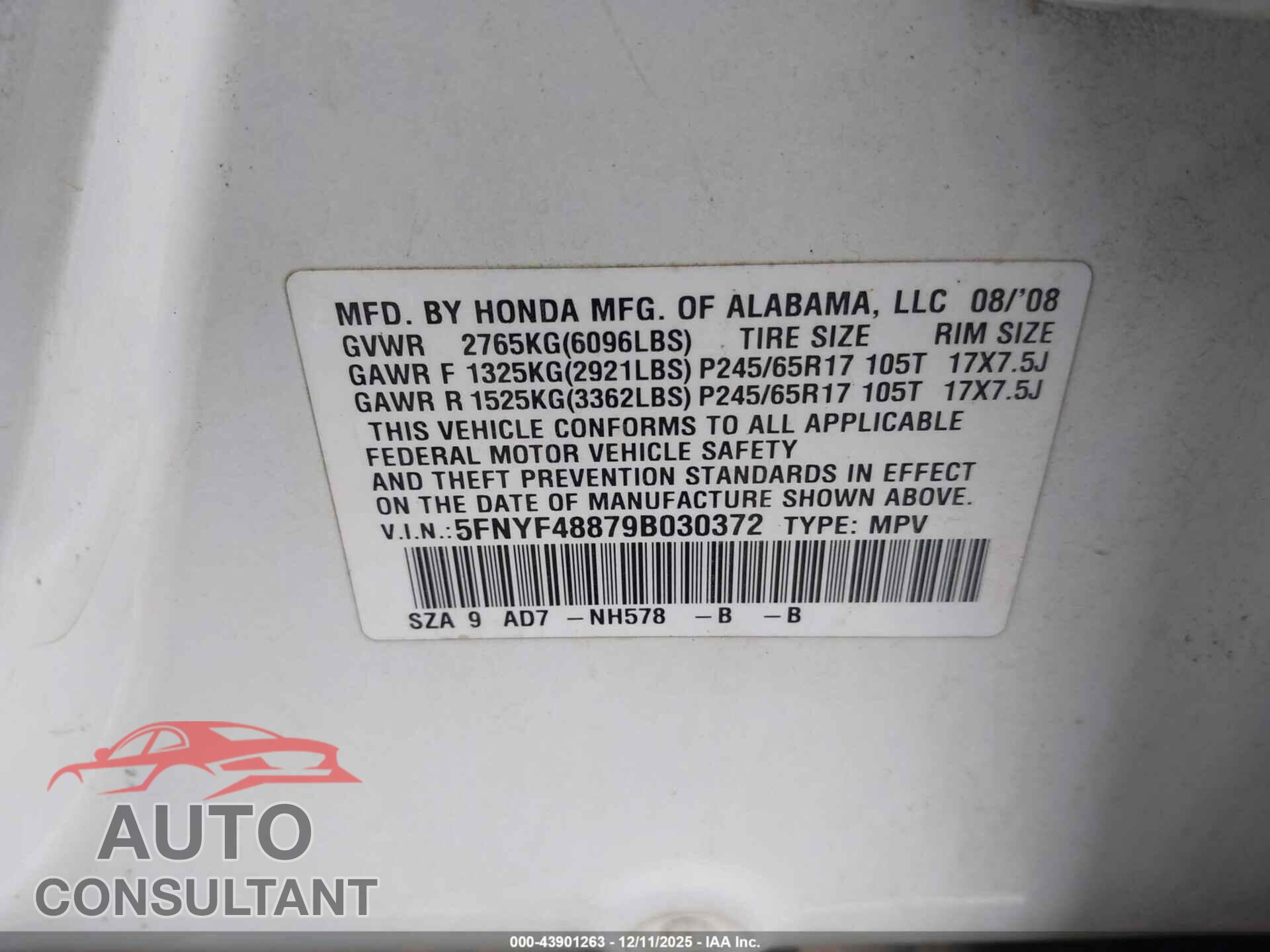 HONDA PILOT 2009 - 5FNYF48879B030372