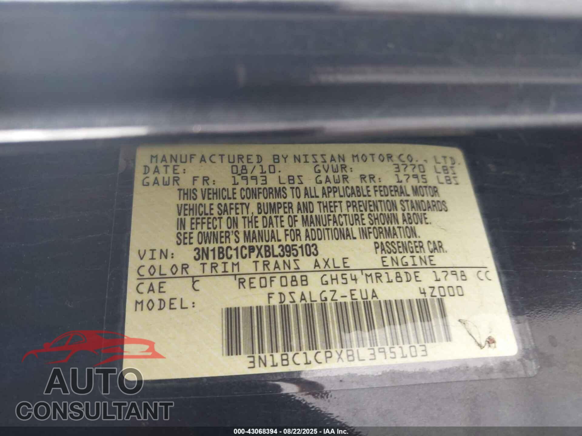 NISSAN VERSA 2011 - 3N1BC1CPXBL395103