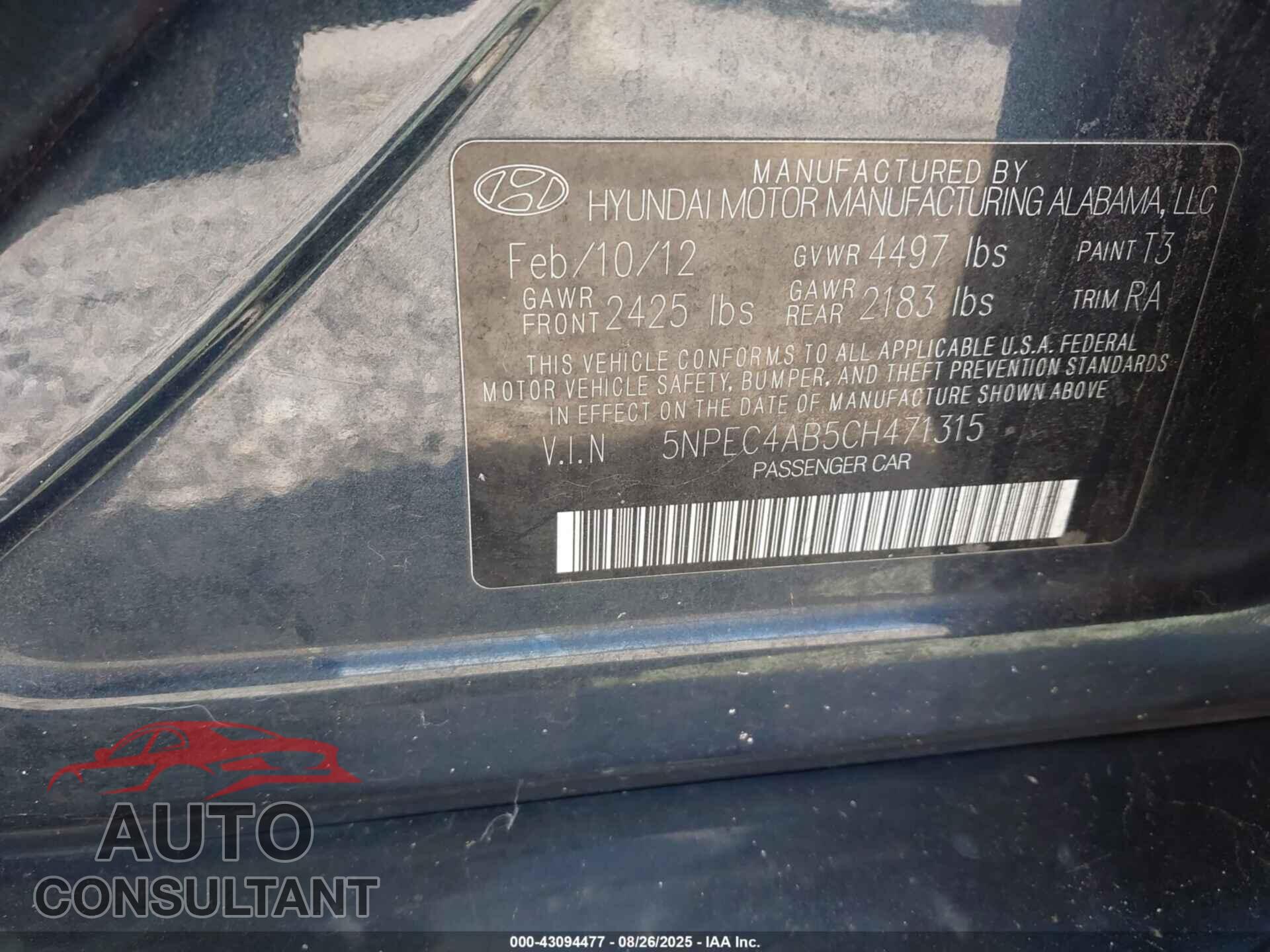 HYUNDAI SONATA 2012 - 5NPEC4AB5CH471315