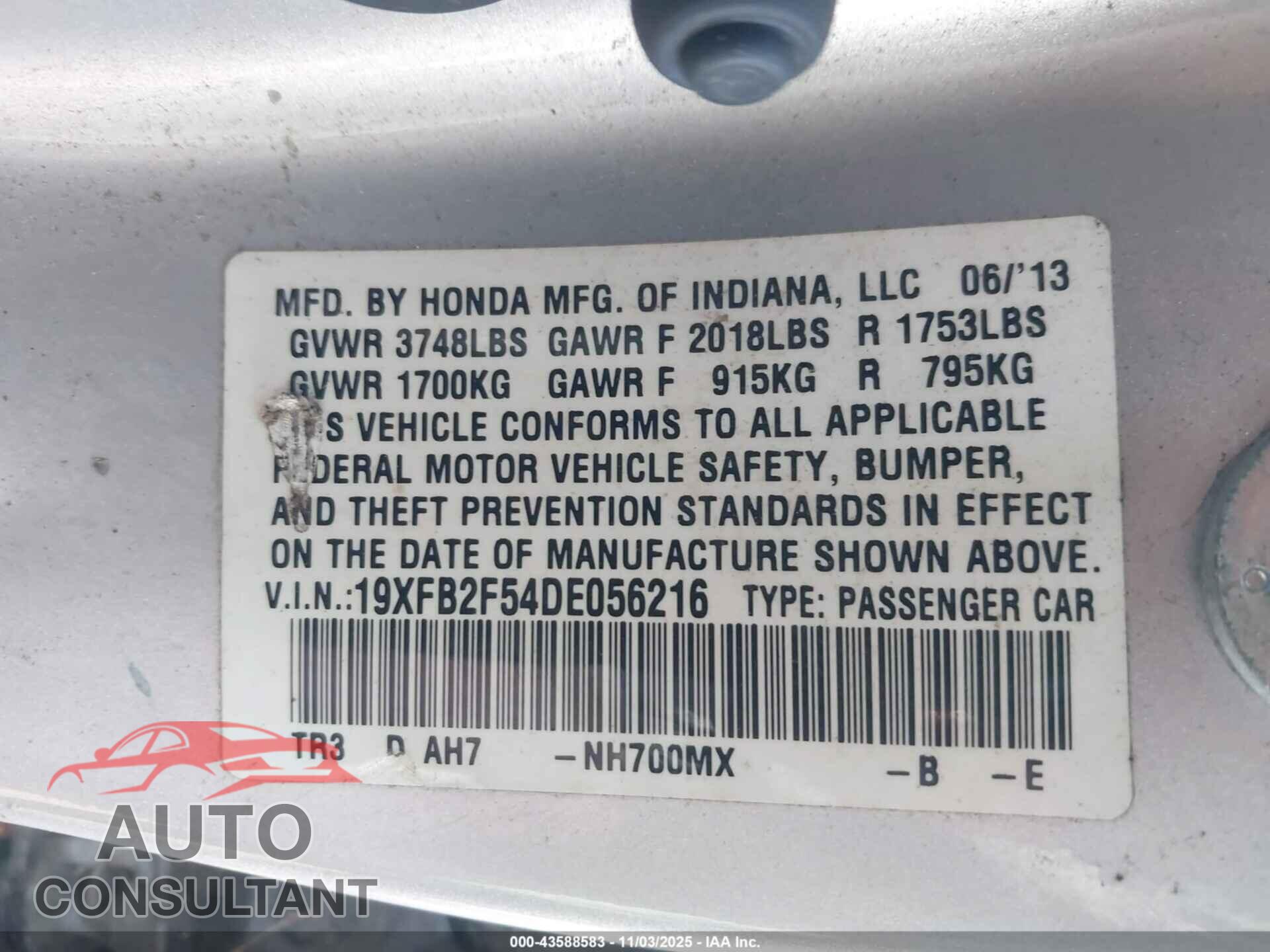 HONDA CIVIC 2013 - 19XFB2F54DE056216