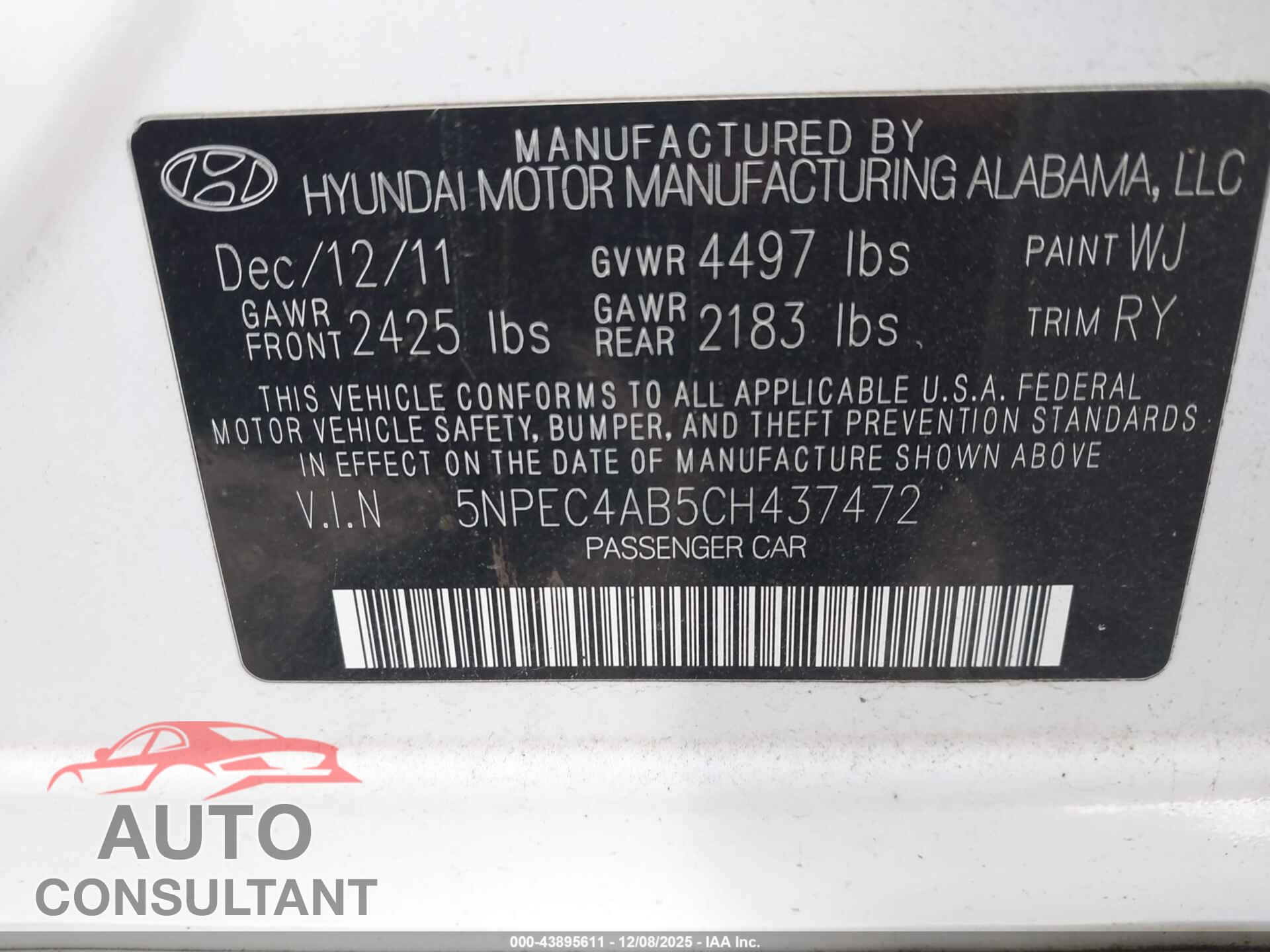 HYUNDAI SONATA 2012 - 5NPEC4AB5CH437472
