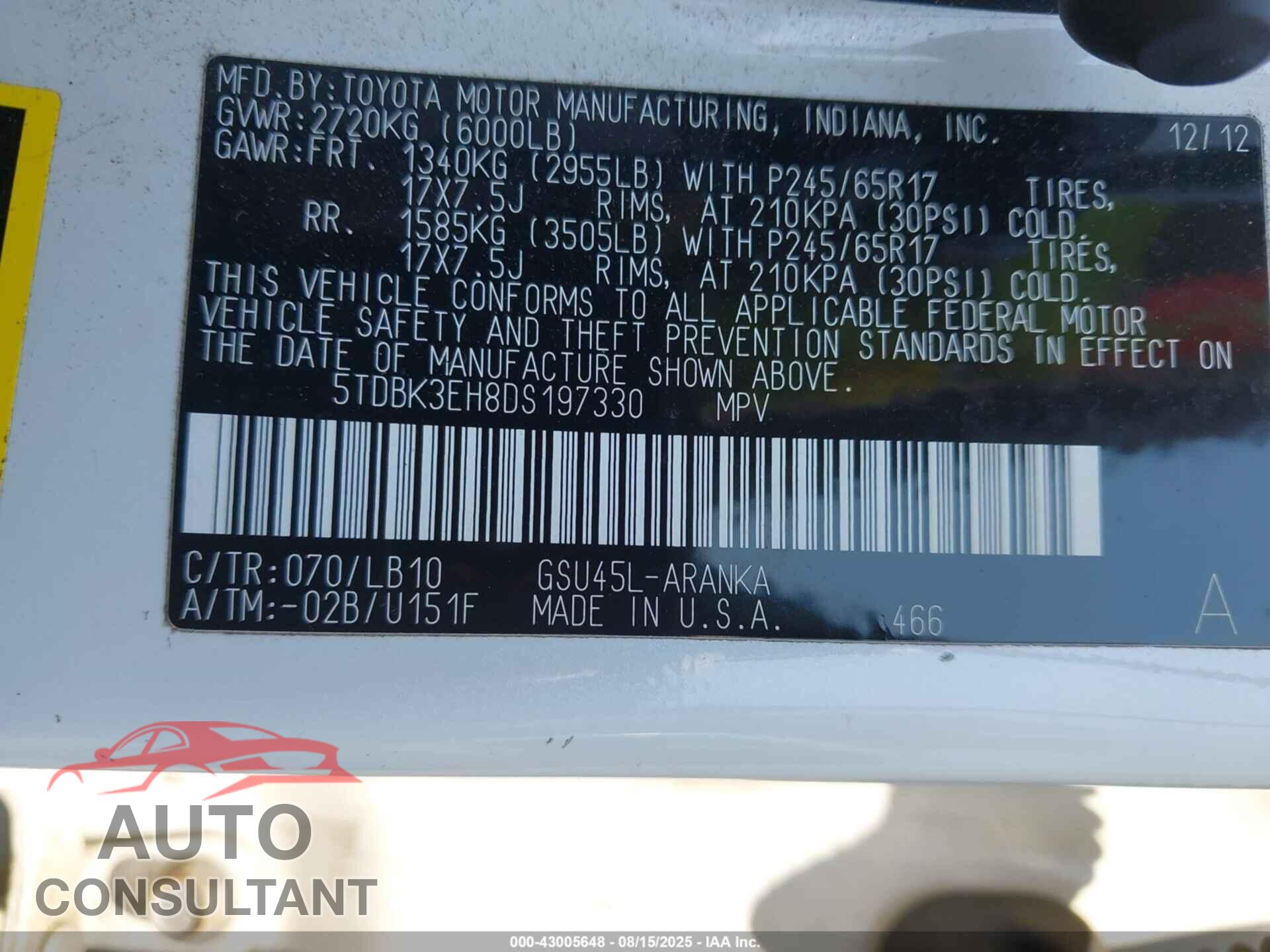 TOYOTA HIGHLANDER 2013 - 5TDBK3EH8DS197330