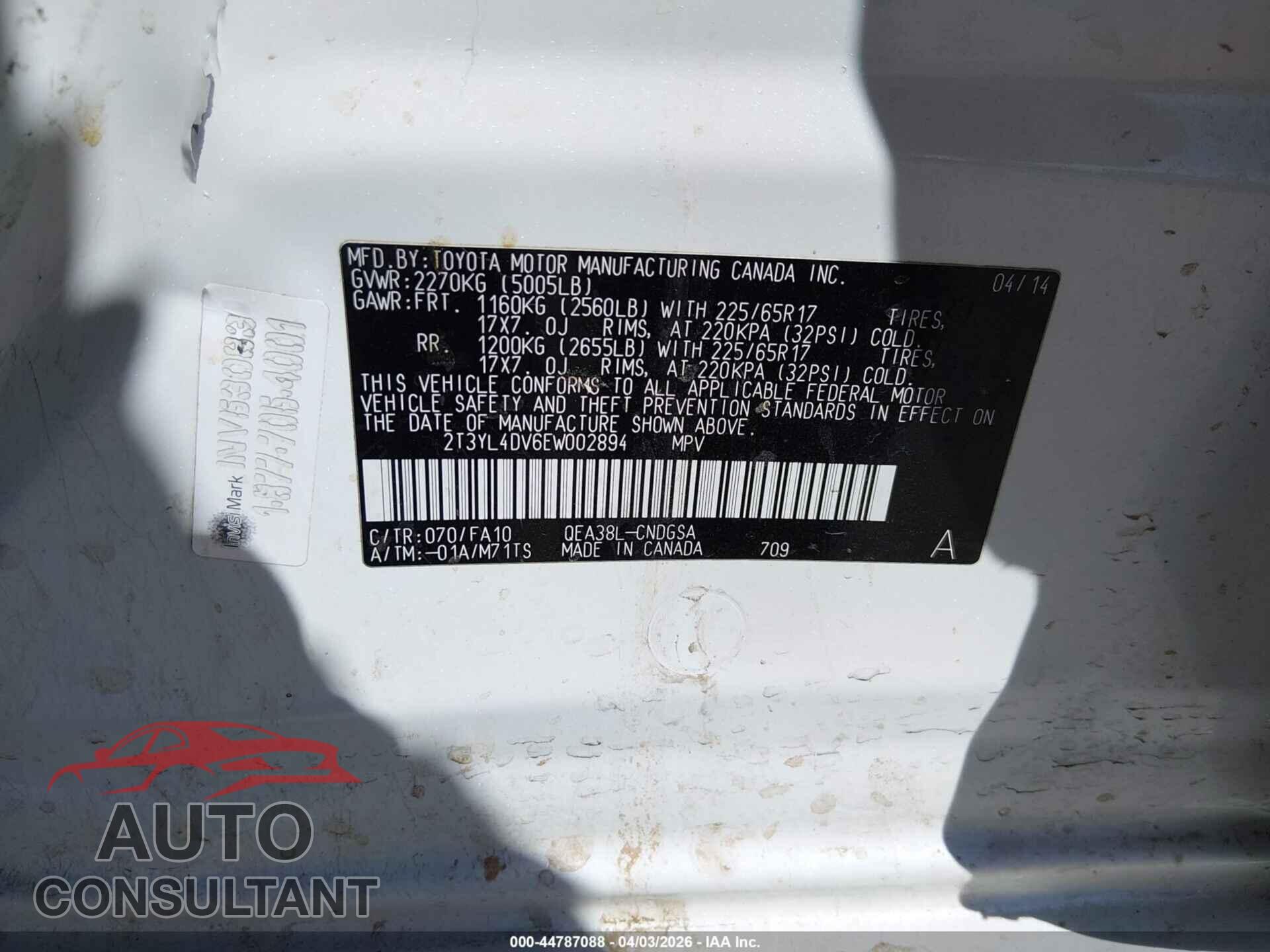 TOYOTA RAV4 EV 2014 - 2T3YL4DV6EW002894