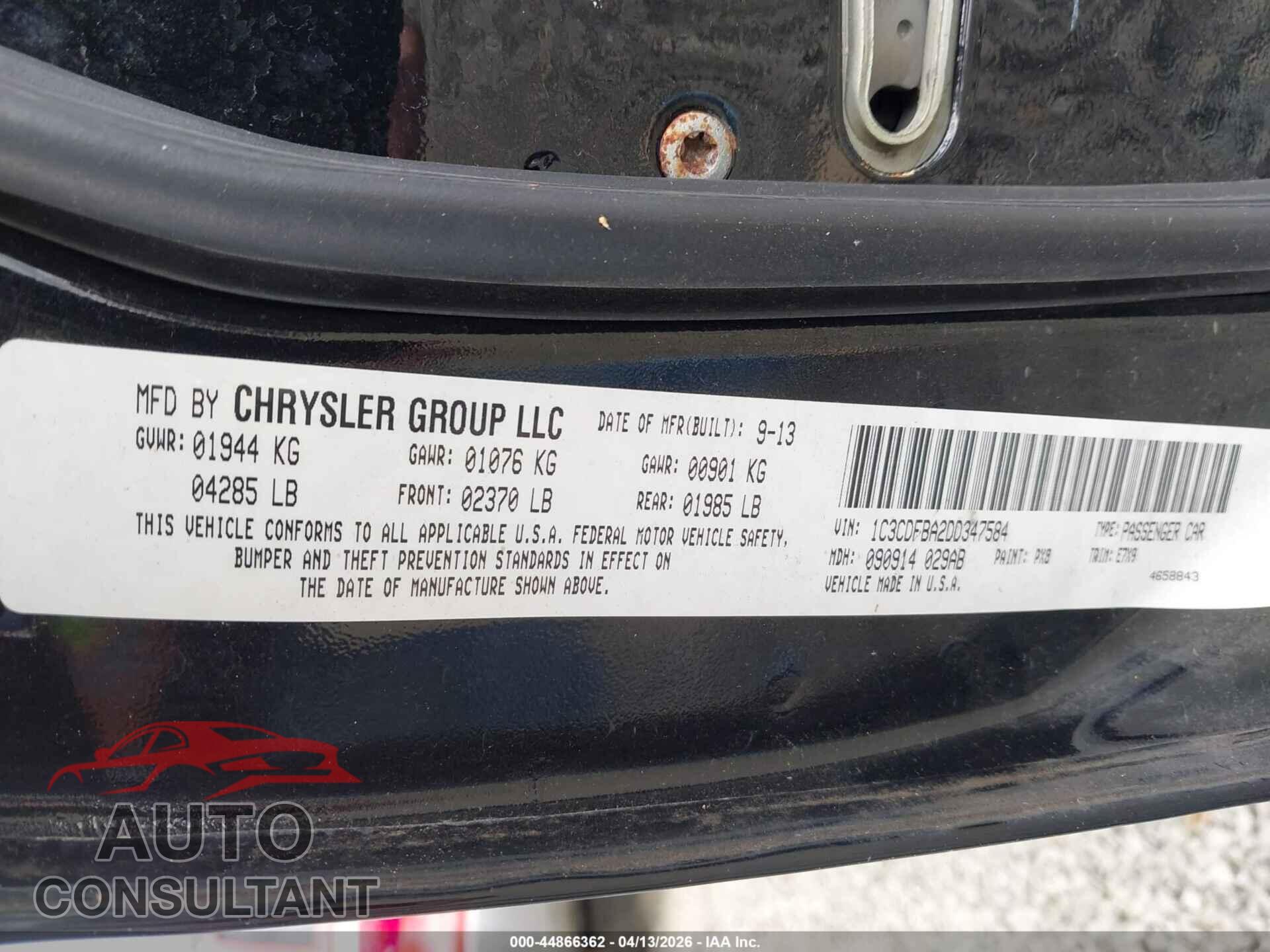 DODGE DART 2013 - 1C3CDFBA2DD347584