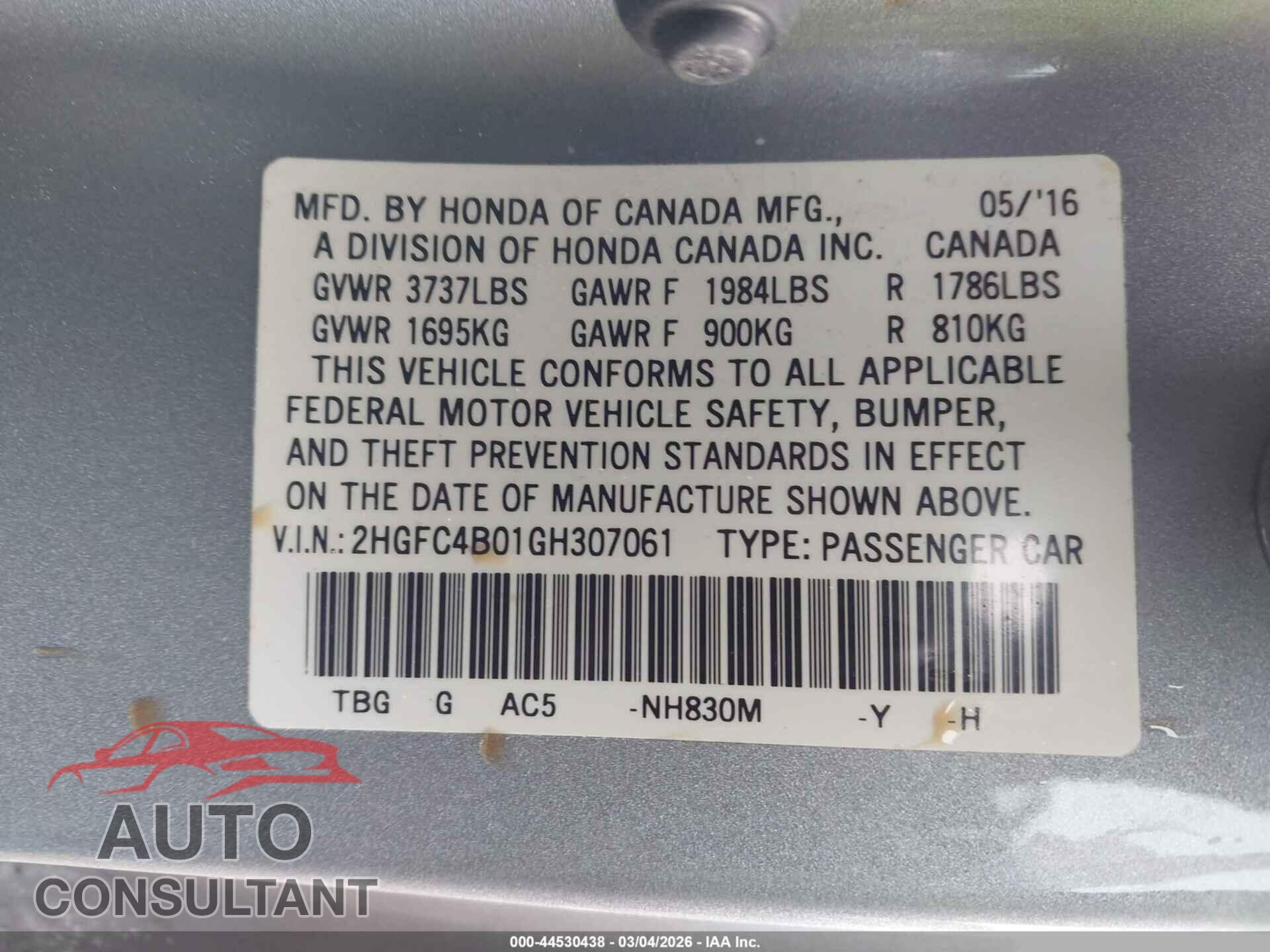 HONDA CIVIC 2016 - 2HGFC4B01GH307061