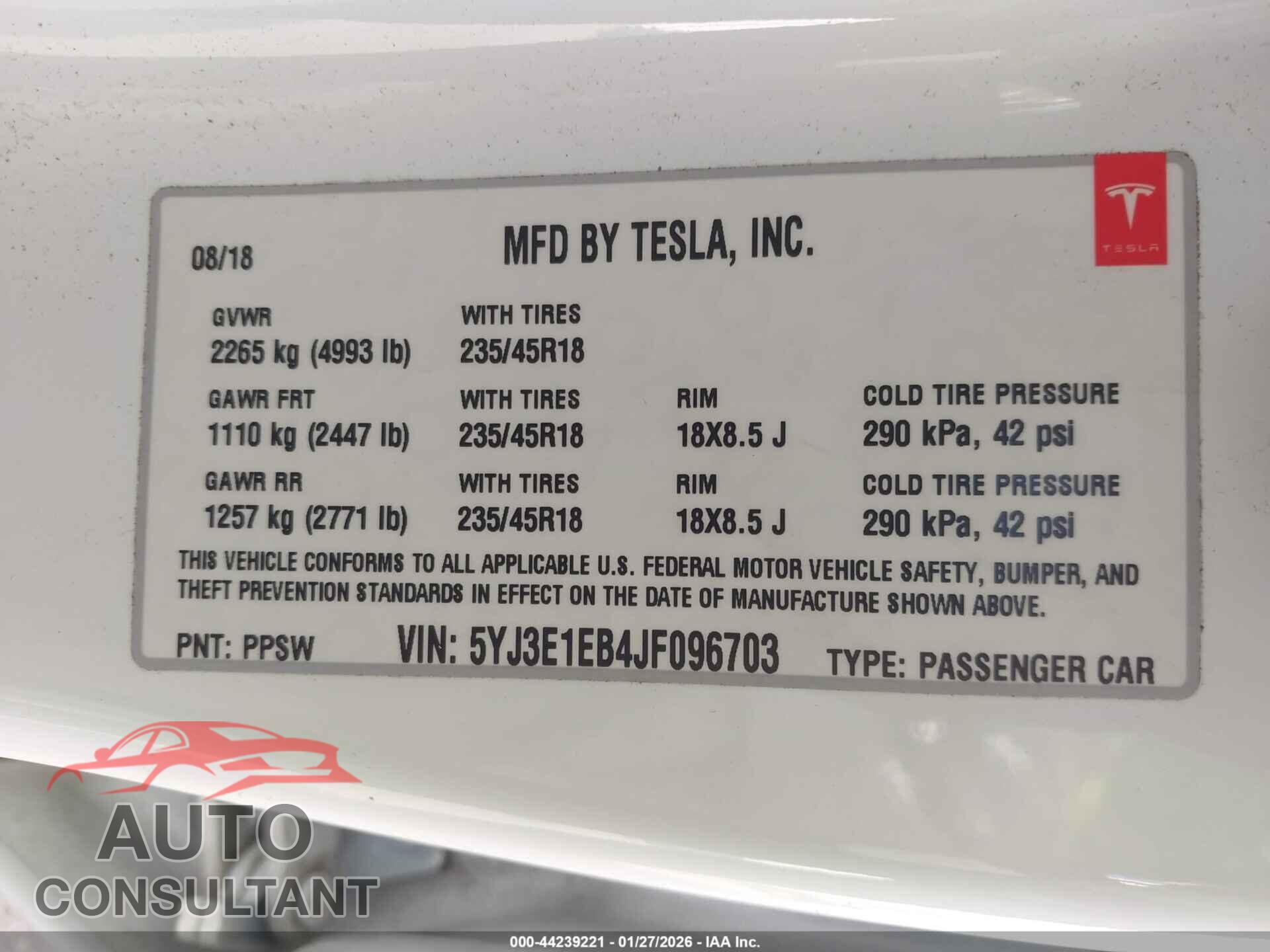 TESLA MODEL 3 2018 - 5YJ3E1EB4JF096703