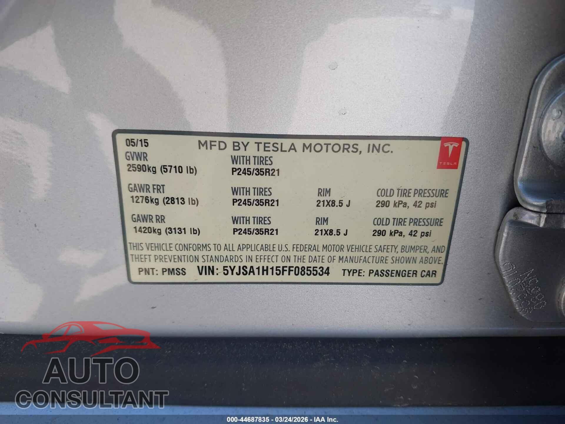 TESLA MODEL S 2015 - 5YJSA1H15FF085534