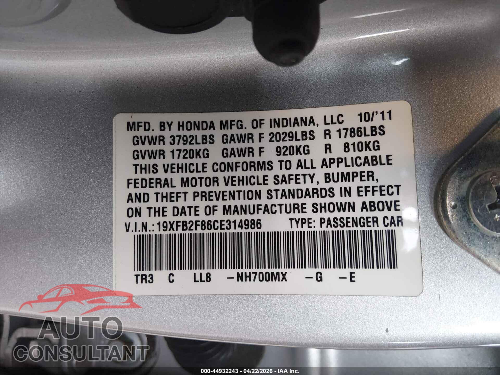 HONDA CIVIC 2012 - 19XFB2F86CE314986