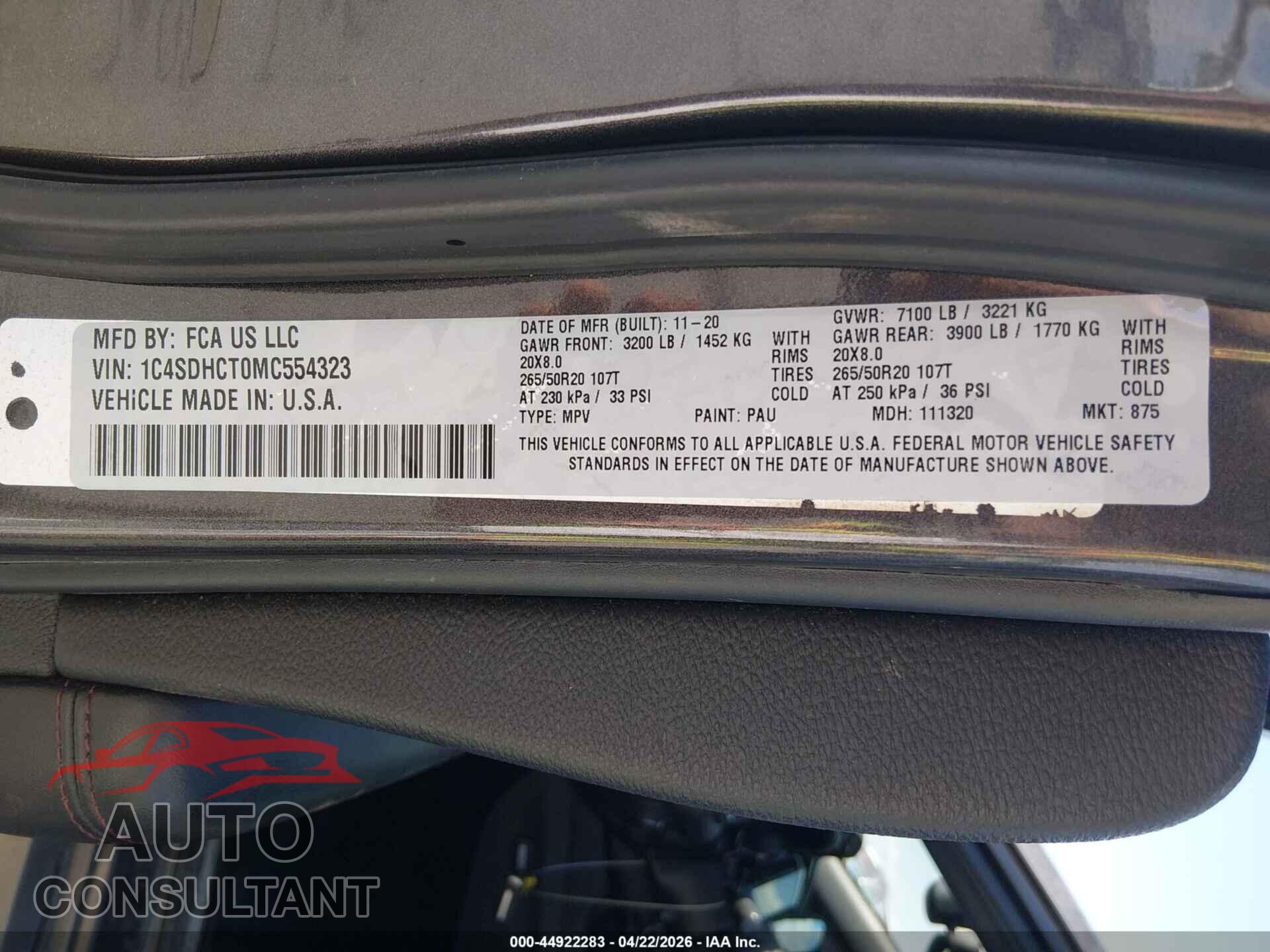 DODGE DURANGO 2021 - 1C4SDHCT0MC554323