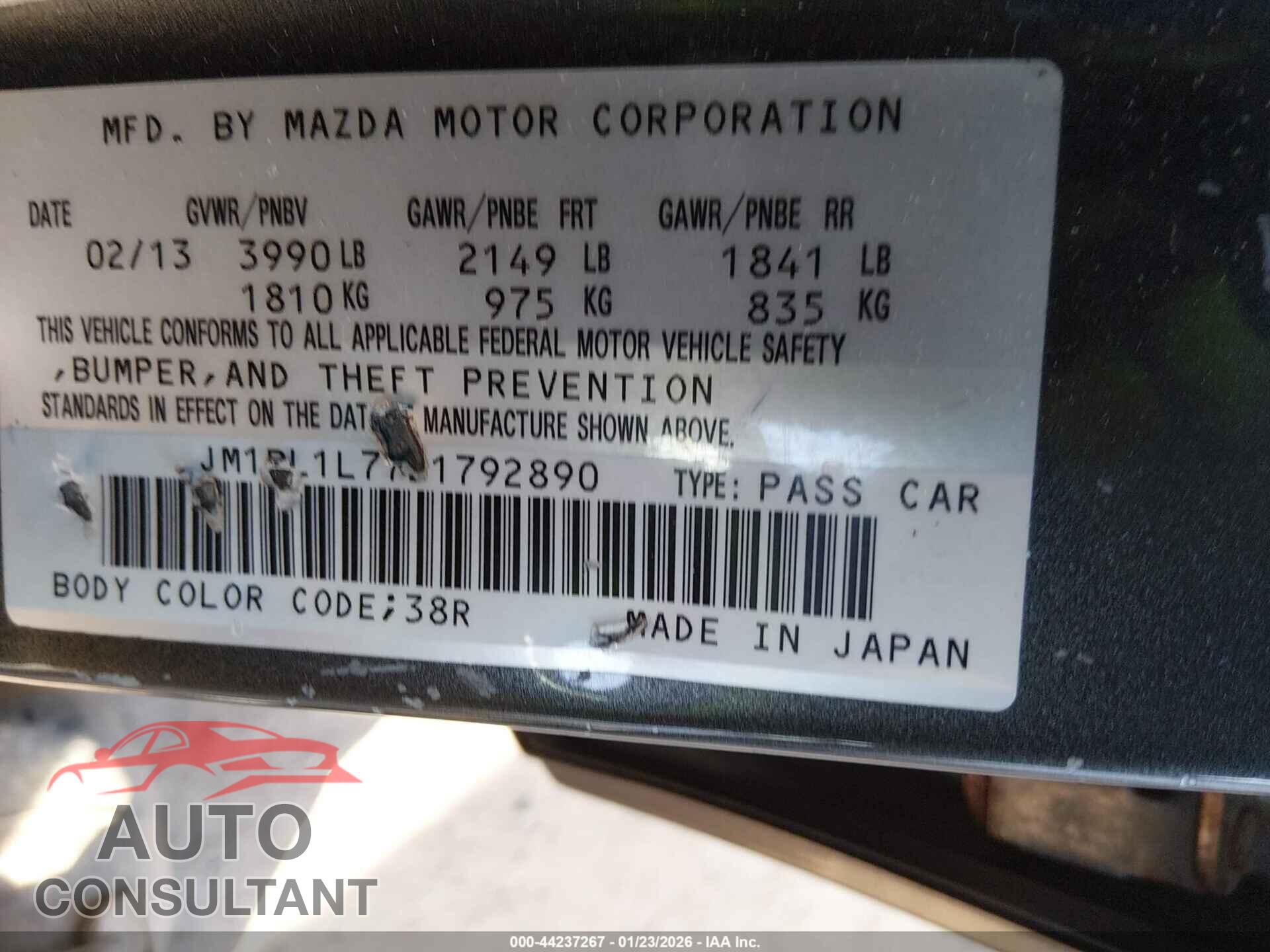 MAZDA MAZDA3 2013 - JM1BL1L77D1792890