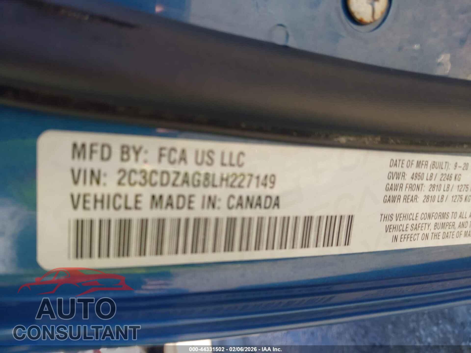 DODGE CHALLENGER 2020 - 2C3CDZAG8LH227149