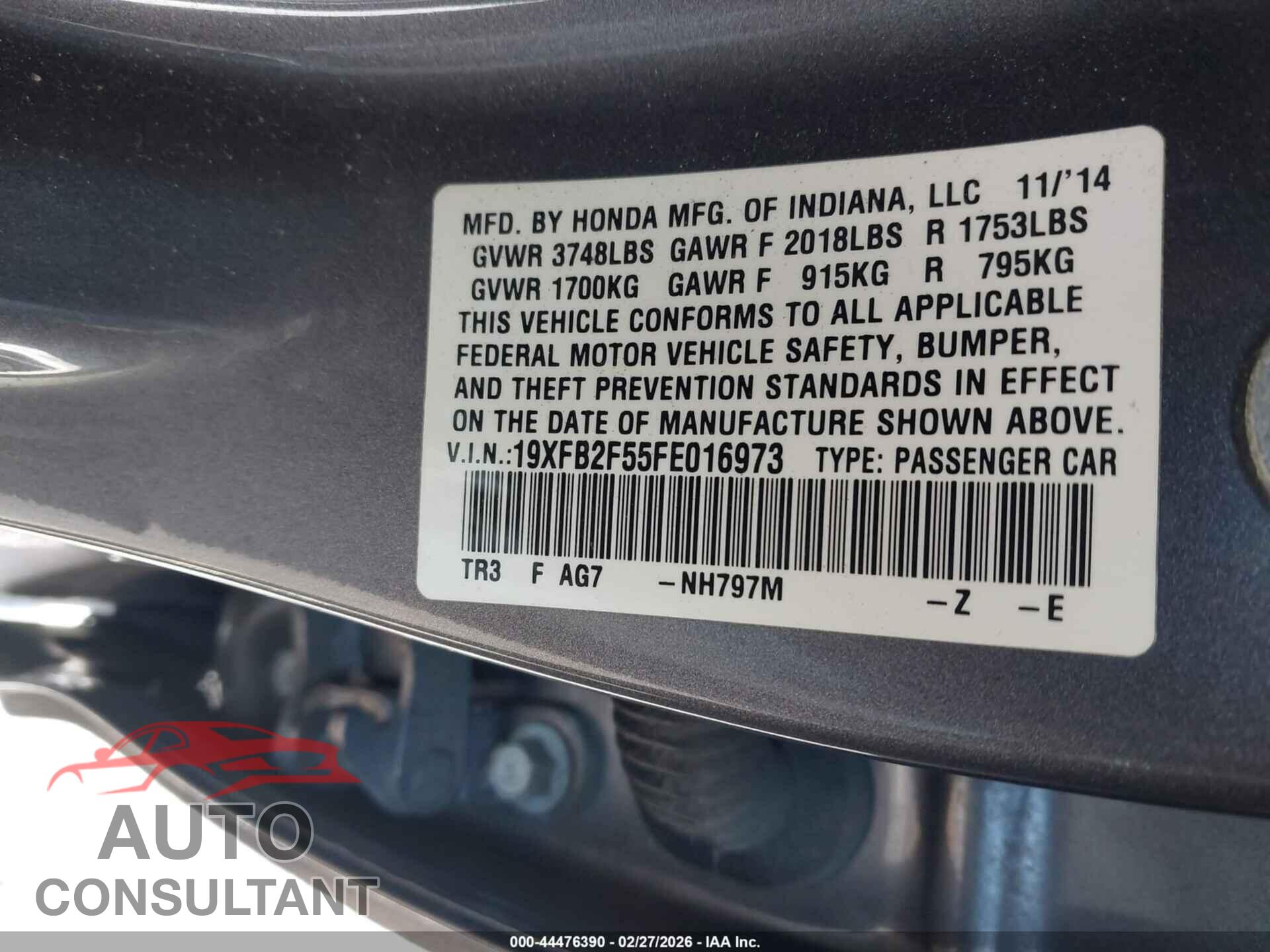 HONDA CIVIC 2015 - 19XFB2F55FE016973