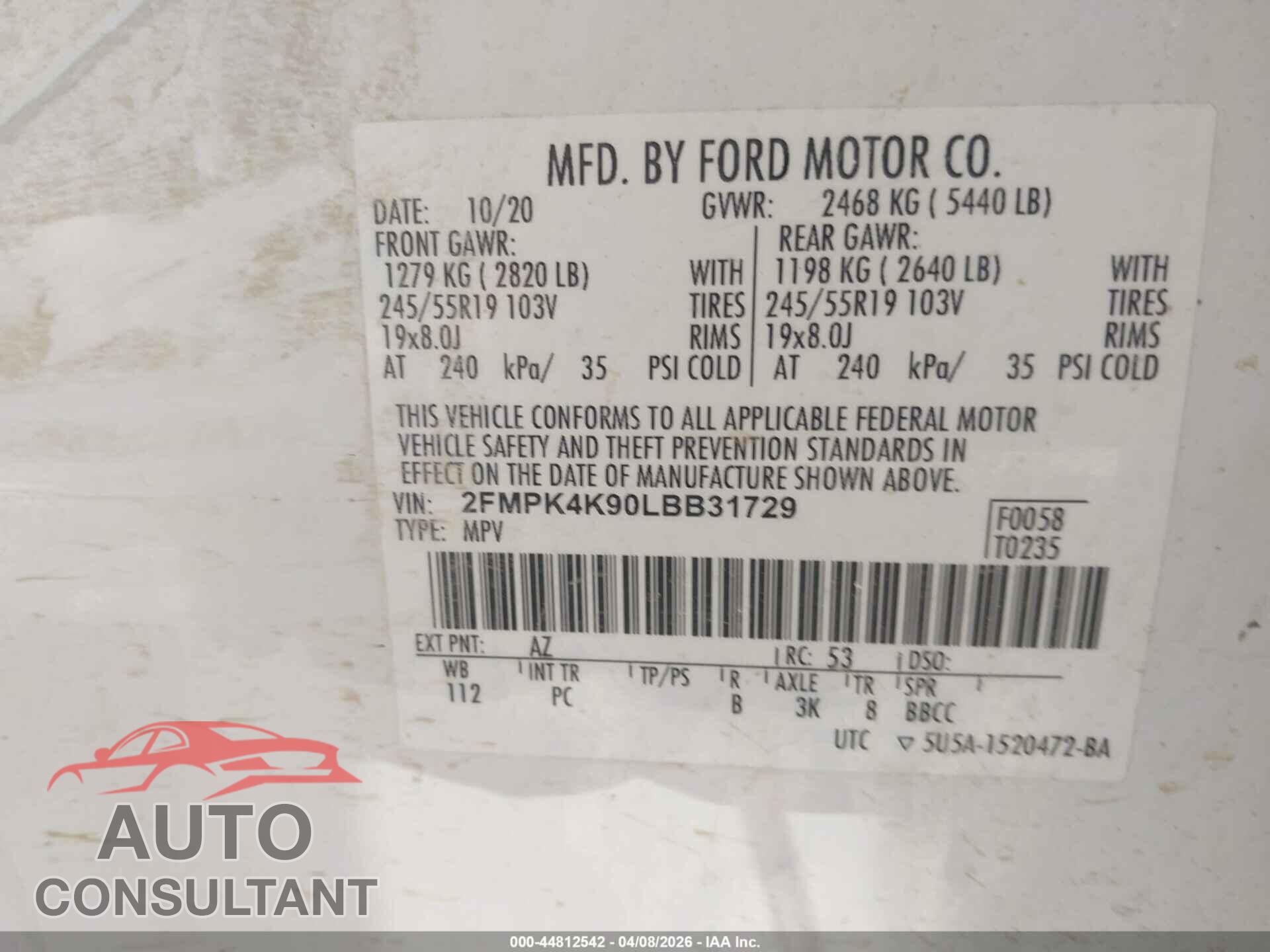 FORD EDGE 2020 - 2FMPK4K90LBB31729