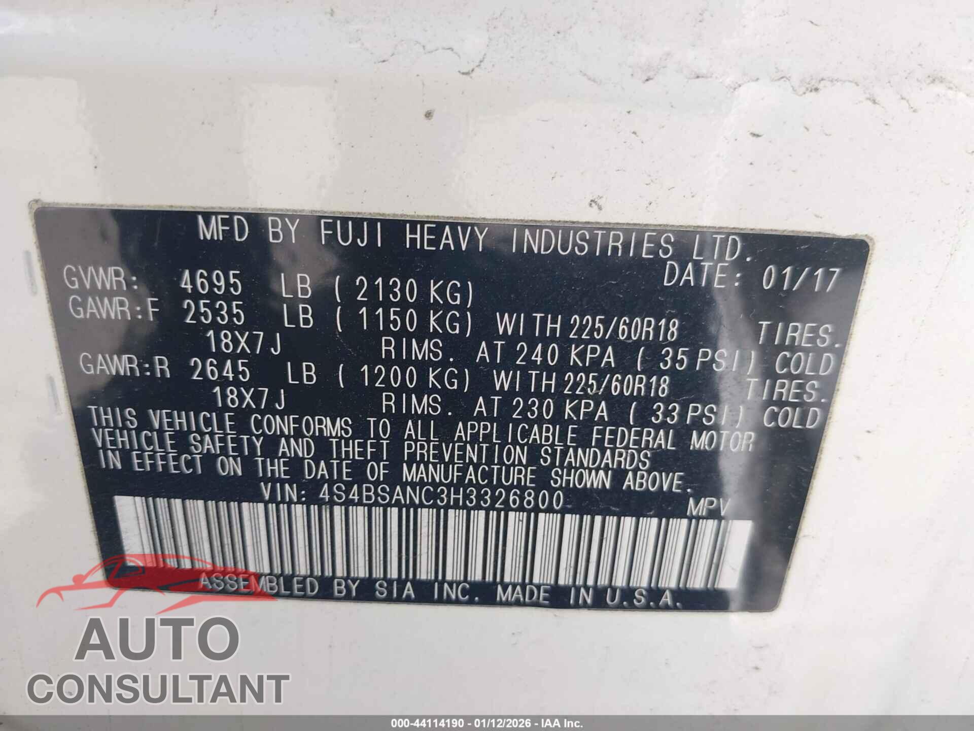 SUBARU OUTBACK 2017 - 4S4BSANC3H3326800