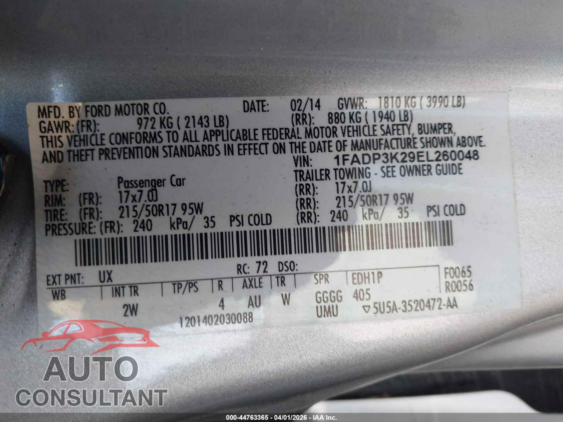 FORD FOCUS 2014 - 1FADP3K29EL260048