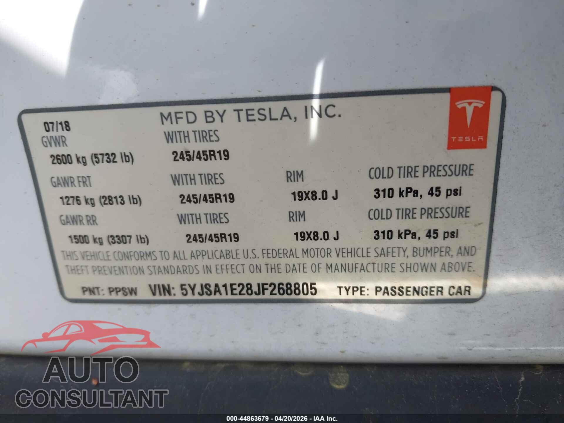 TESLA MODEL S 2018 - 5YJSA1E28JF268805