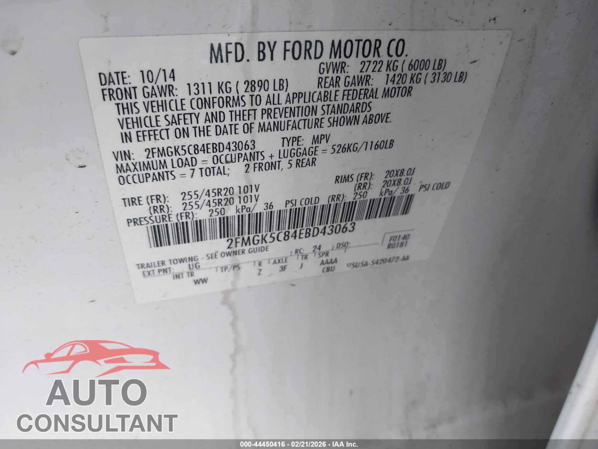 FORD FLEX 2014 - 2FMGK5C84EBD43063