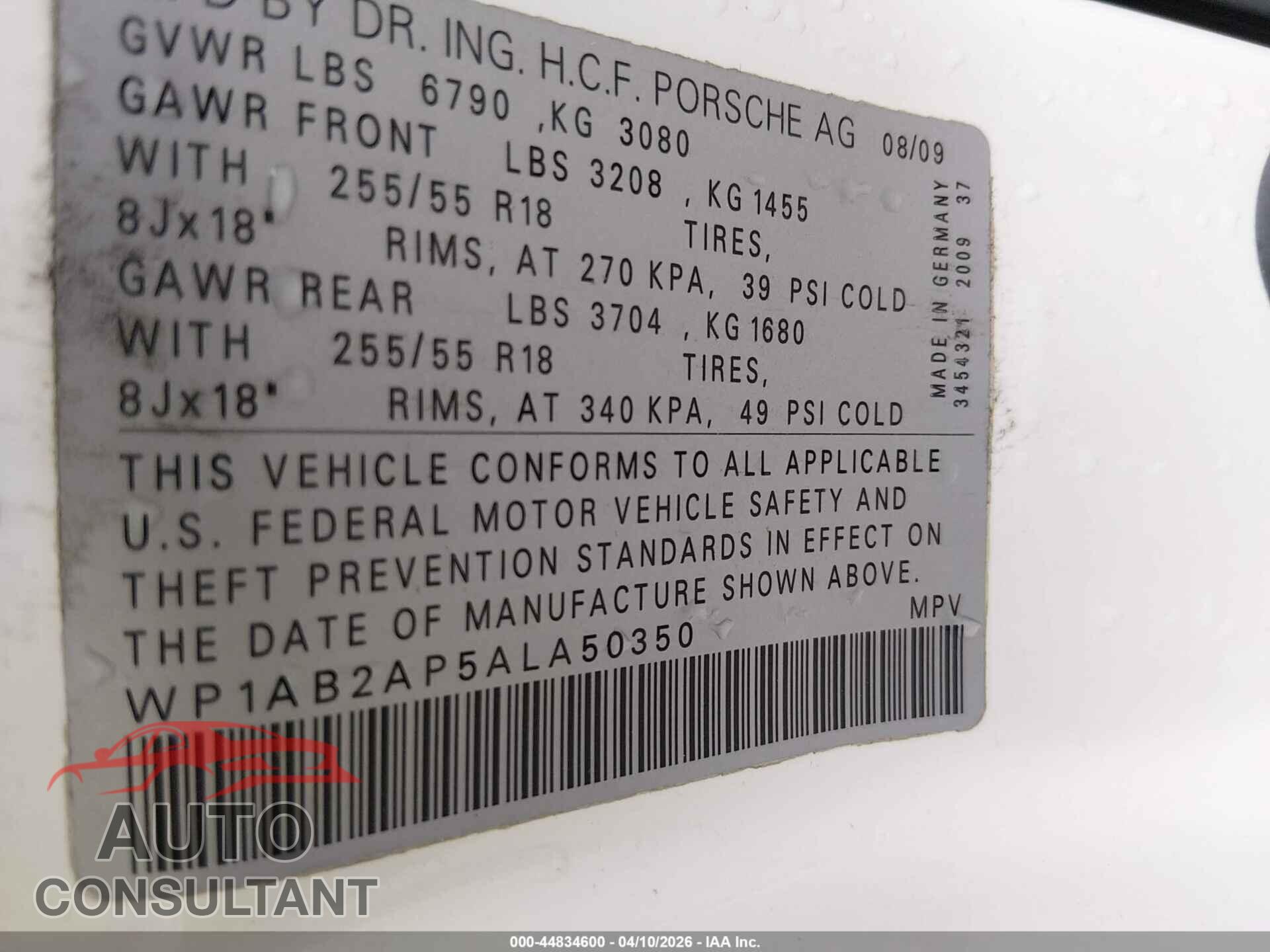 PORSCHE CAYENNE 2010 - WP1AB2AP5ALA50350