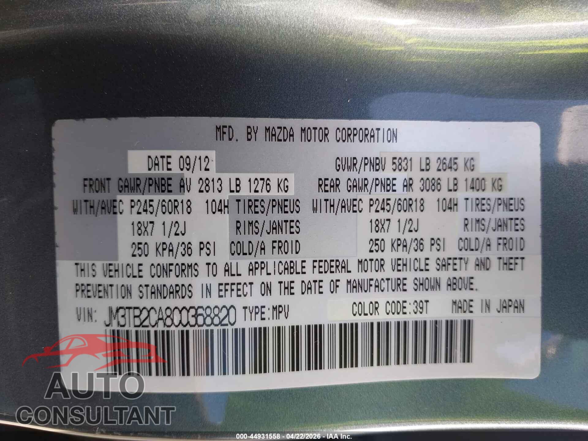 MAZDA CX-9 2012 - JM3TB2CA8C0368820