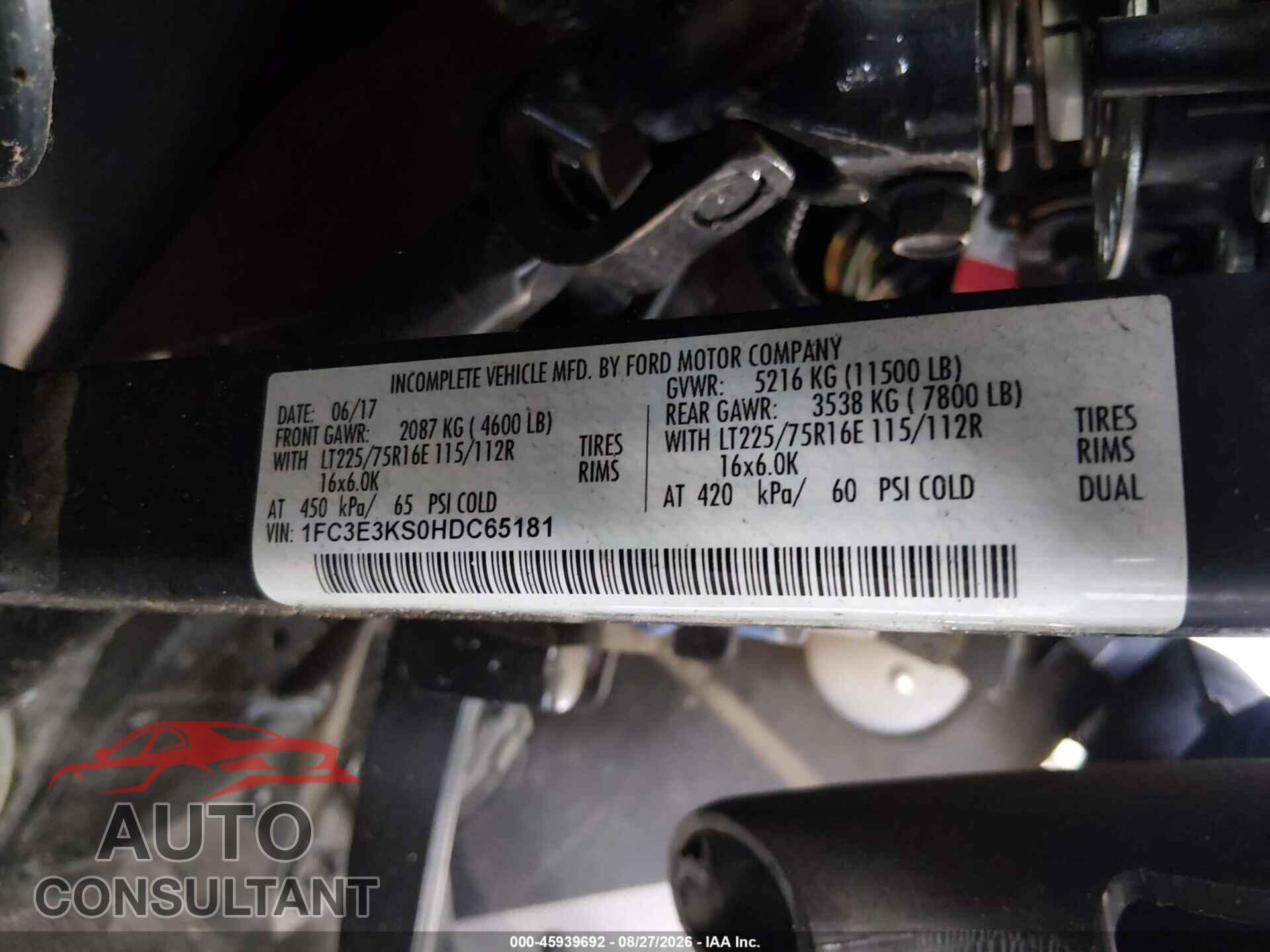 FORD E-350 STRIPPED 2017 - 1FC3E3KS0HDC65181
