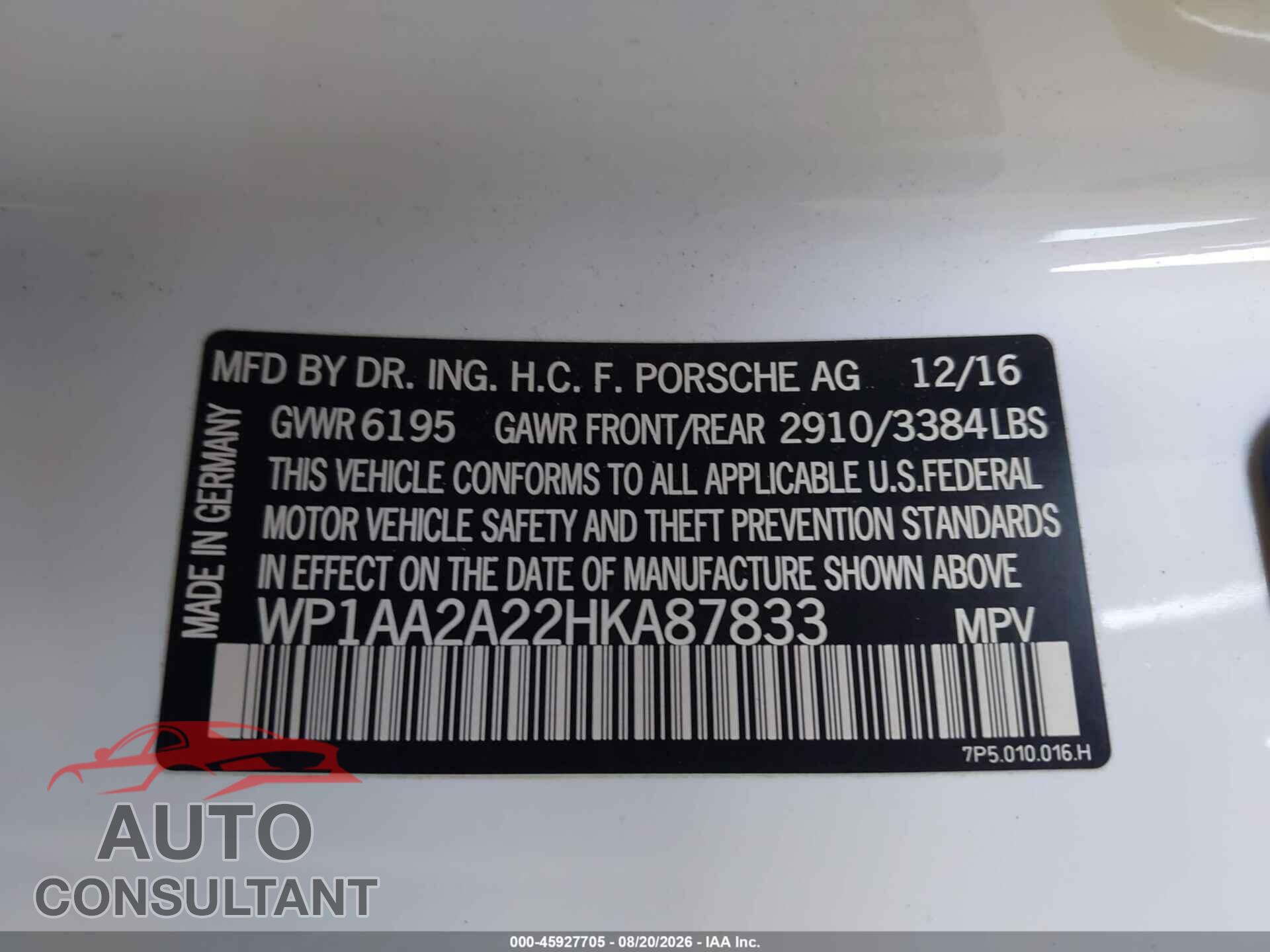 PORSCHE CAYENNE 2017 - WP1AA2A22HKA87833