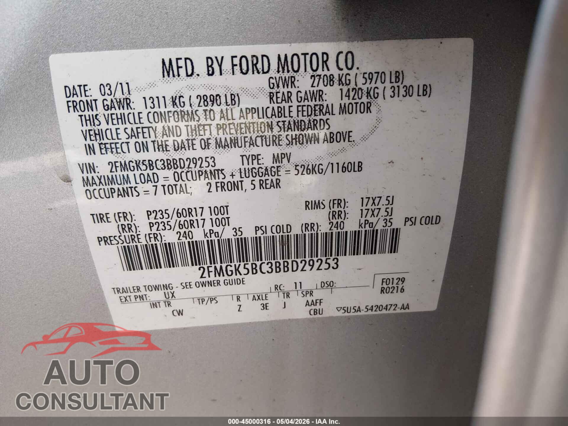 FORD FLEX 2011 - 2FMGK5BC3BBD29253