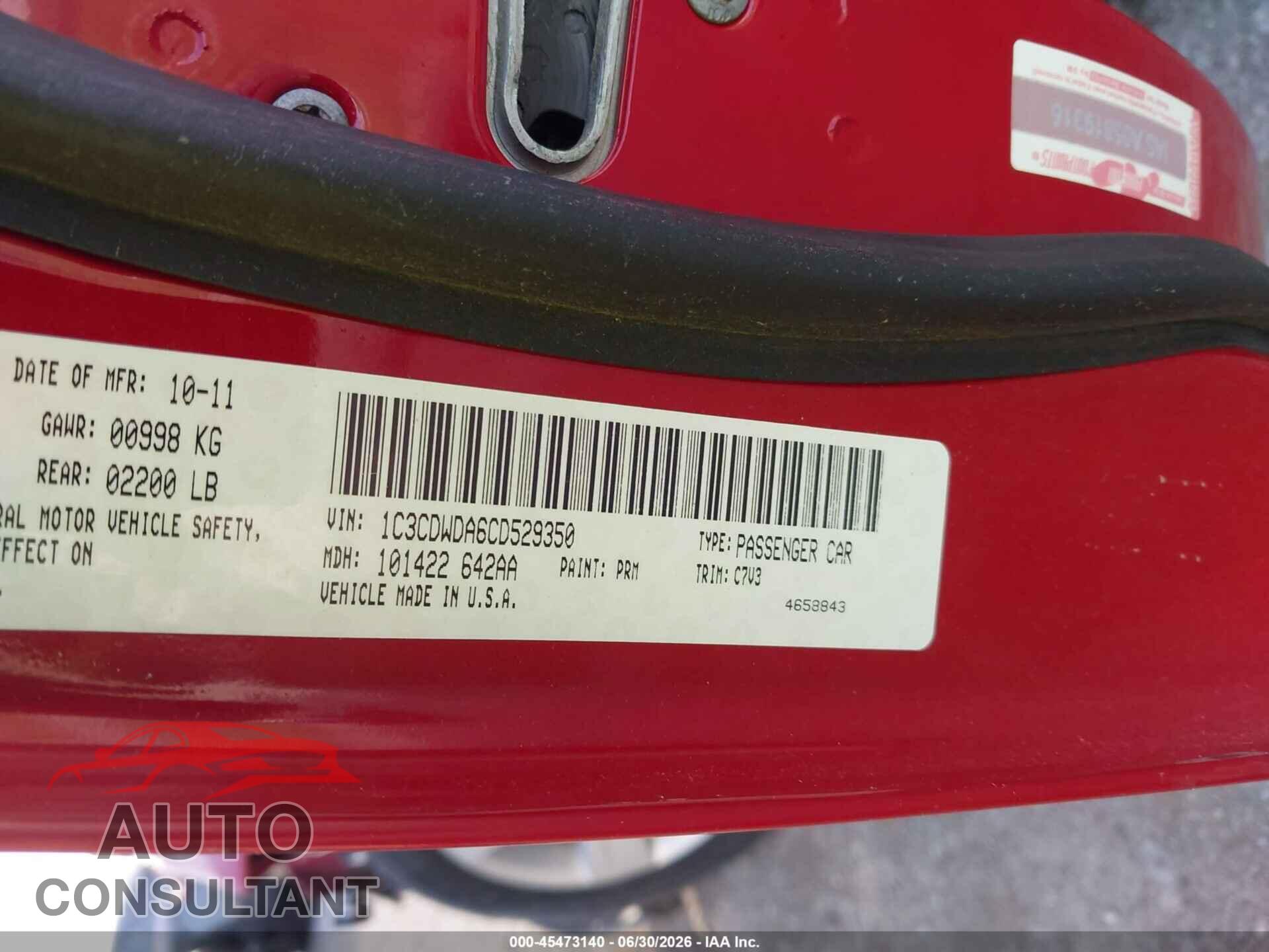 DODGE CALIBER 2012 - 1C3CDWDA6CD529350